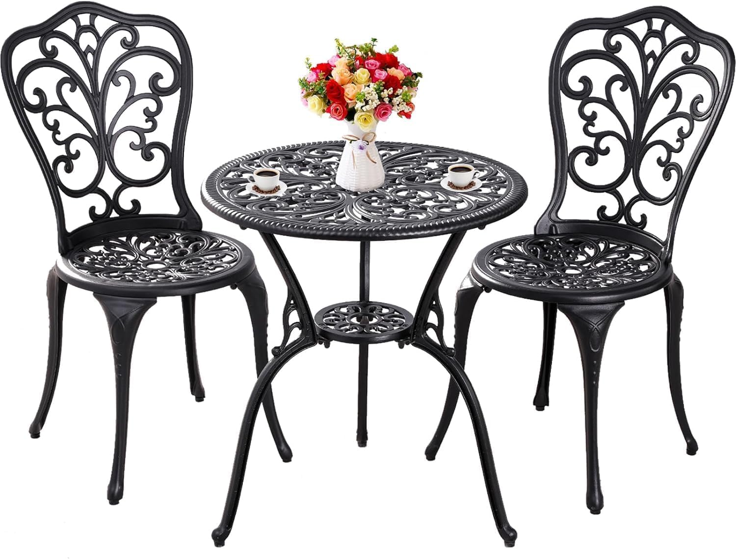 3-Piece Outdoor Bistro Set - Durable Cast Aluminum Patio Table & 2 Chairs - Black Small Porch Furniture for Garden, Balcony & Backyard Relaxation