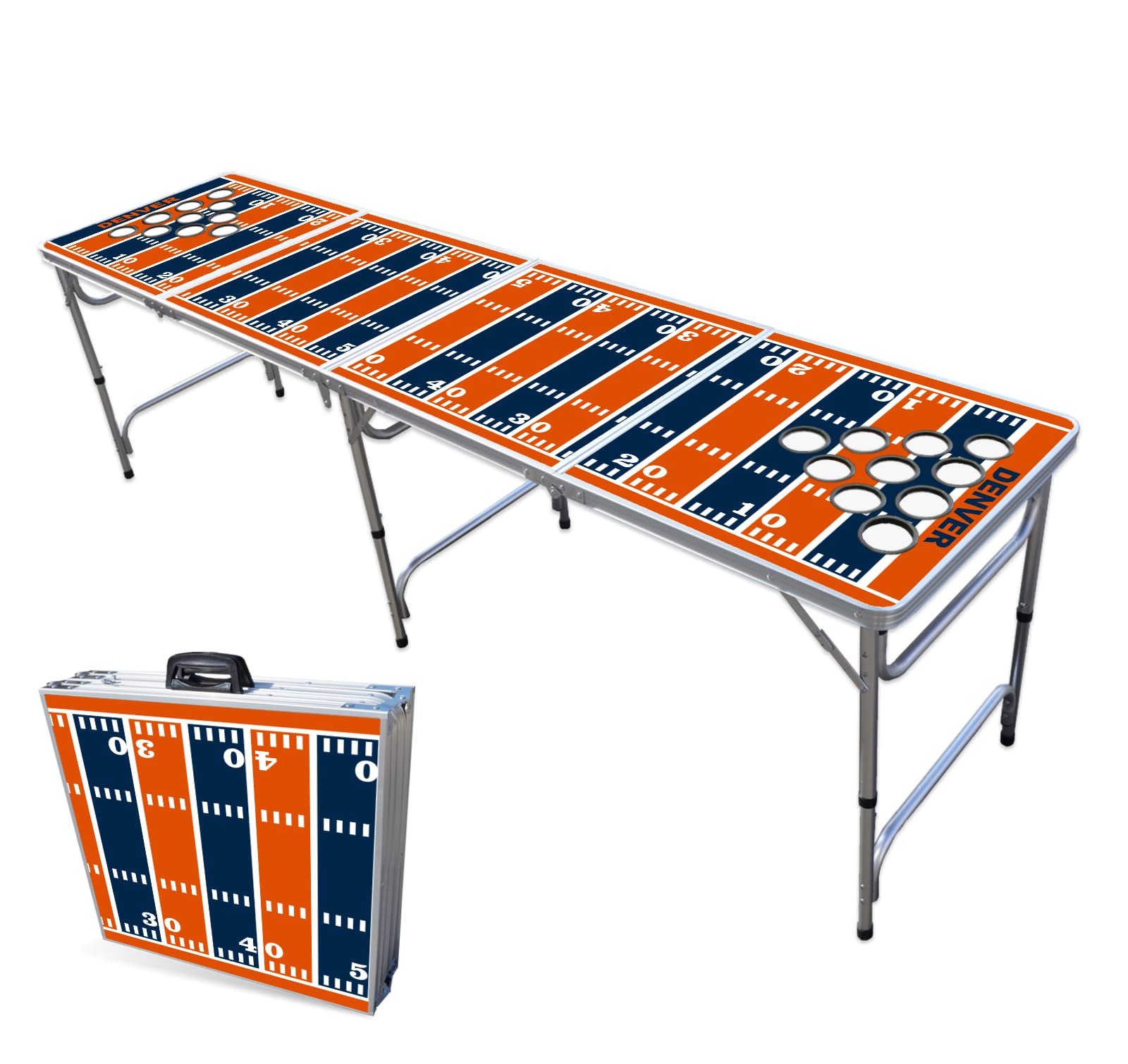 8-Foot Folding Portable Beer Pong Table with LED Lights & Cup Holders - Denver Broncos Football Field Design | Perfect for Tailgating, Parties & Outdoor Games