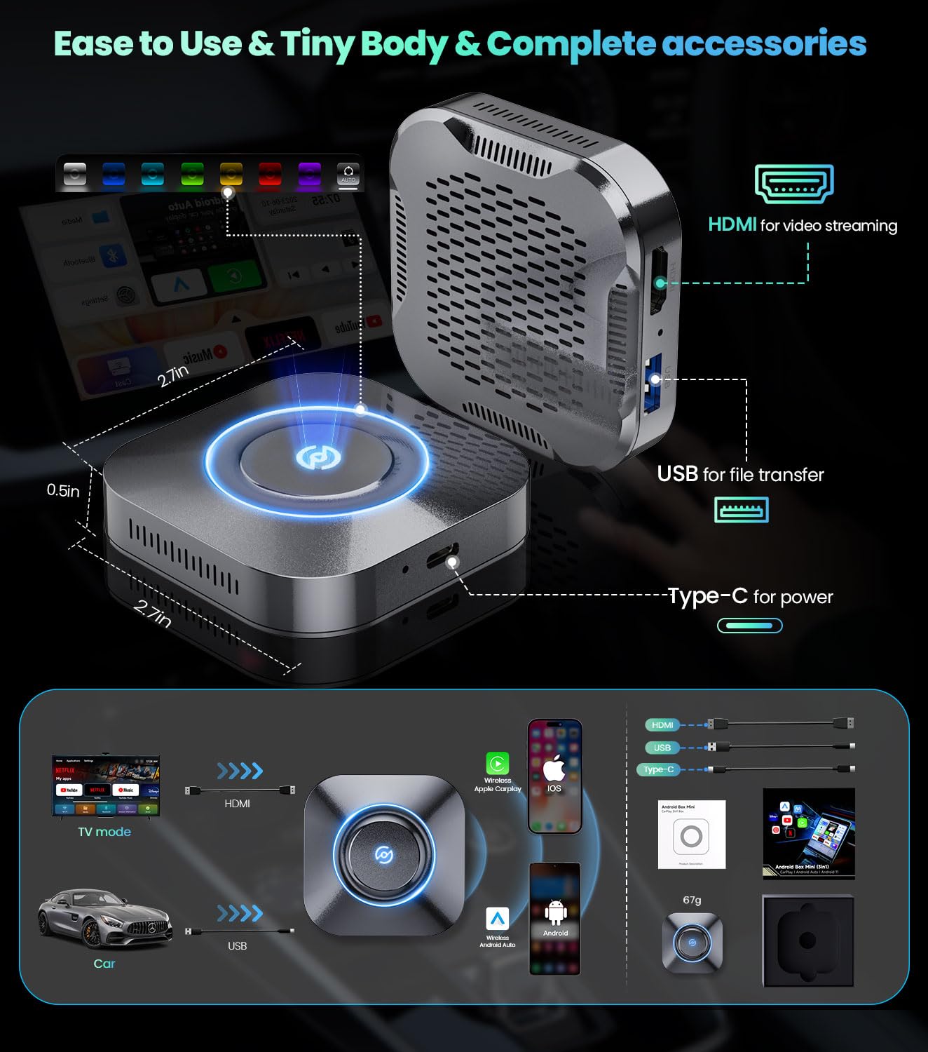 Wireless CarPlay Adapter 2.0 - Apple CarPlay & Android Auto Wireless Streaming Dongle for Factory Wired Cars - Supports Netflix, YouTube, TikTok - Perfect for Road Trips, Commuting & In-Car Entertainment