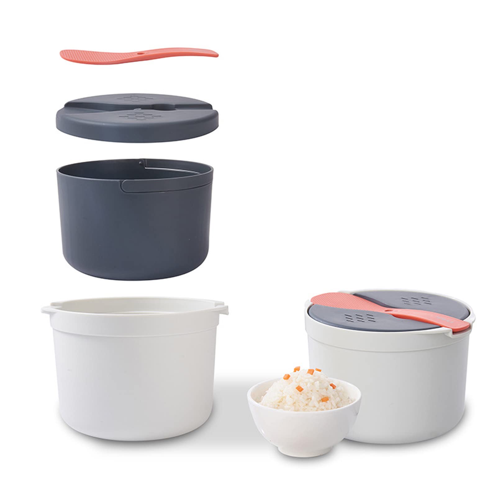 2L Microwave Rice Cooker & Pasta Cooker - BPA-Free Food Grade PP Material with Rice Spoon, Lid, Strainer & Steaming Pot - Perfect for Dorm, Office & Small Kitchen (Orange)