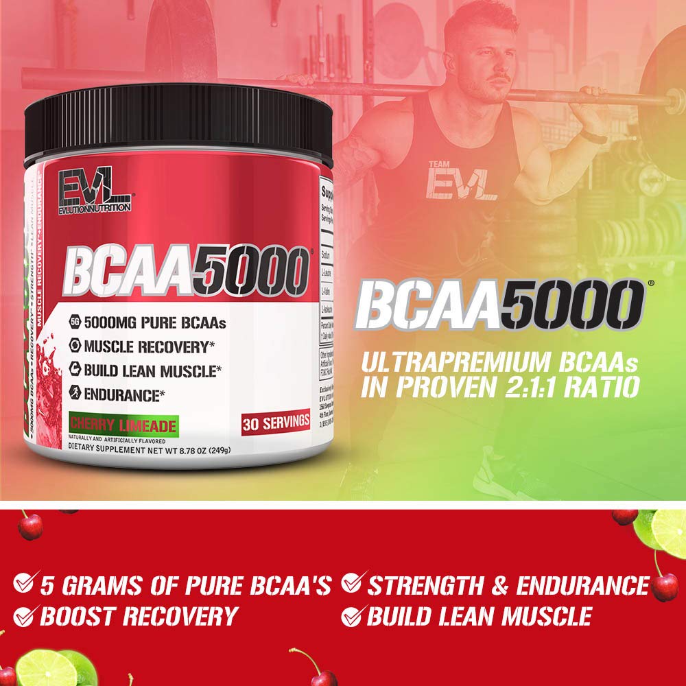 EVLUTION EVL BCAA Amino Acids Powder - 5g Branched Chain Amino Acid Supplement for Men & Women - Post Workout Recovery Drink, Stimulant-Free Pre Workout Energy - Cherry Limeade Flavor - Ideal for Muscle Recovery, Gym Performance & Fitness Enthusiasts