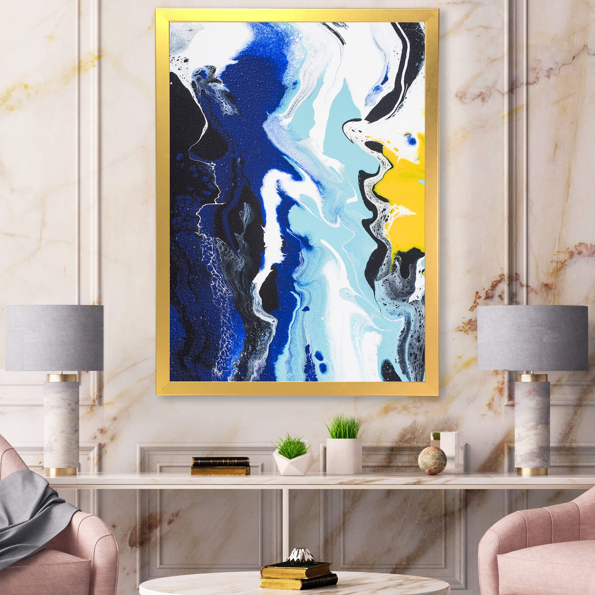 Abstract Yellow and Blue Waves Modern Framed Wall Art - Contemporary Canvas Painting for Living Room, Bedroom & Office Decor