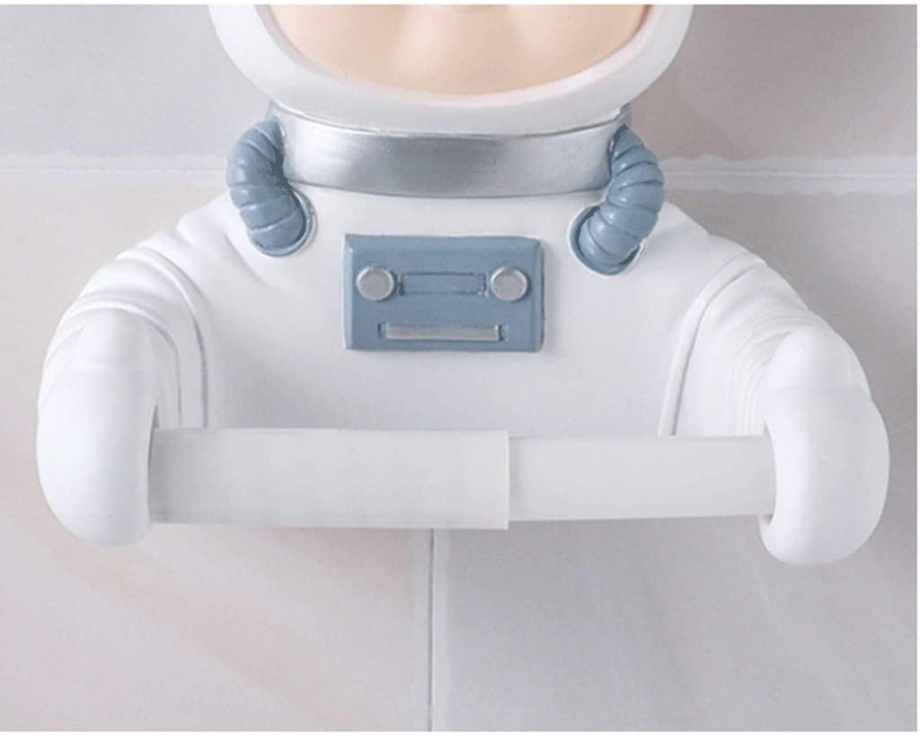 Wall-Mounted Toilet Paper Holder with Cartoon Spaceman Cat Design - No Punch Free Hanging Bathroom Tissue Box Storage Organizer - White Modern Bathroom Decor for Home, Apartment & RV Use