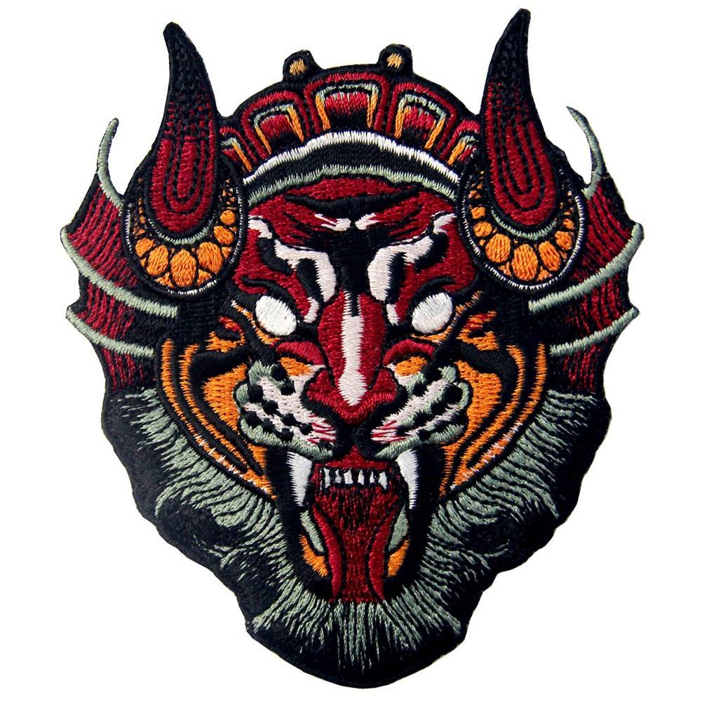 Chinese Monster Lion Mask Patch - Embroidered Iron On & Sew On Applique Emblem for Costumes, DIY Crafts, and Festival Decorations