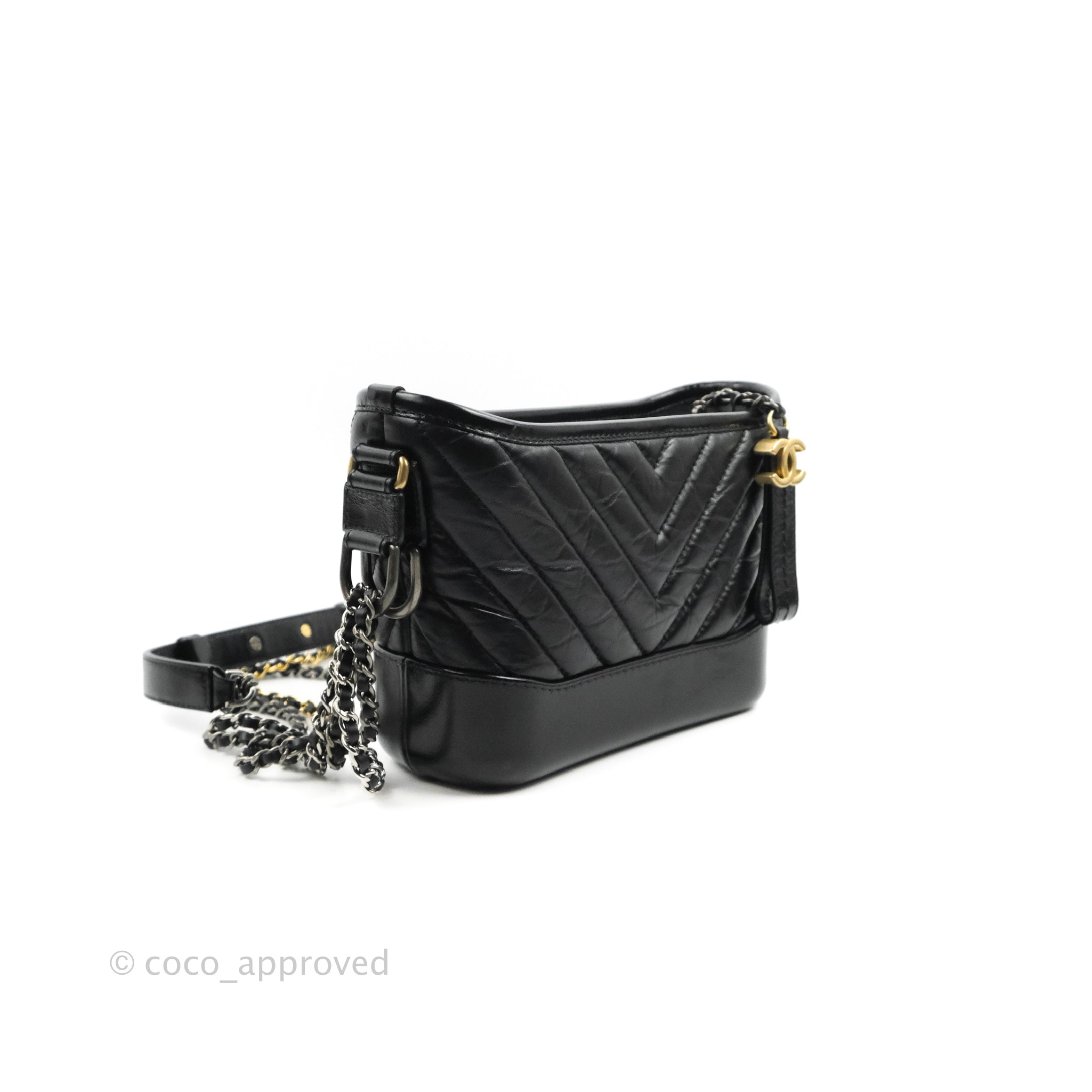 Chanel Small Gabrielle Hobo Bag in Black Calfskin with Chevron Pattern & Mixed Hardware - Perfect for Everyday Use, Work & Special Occasions