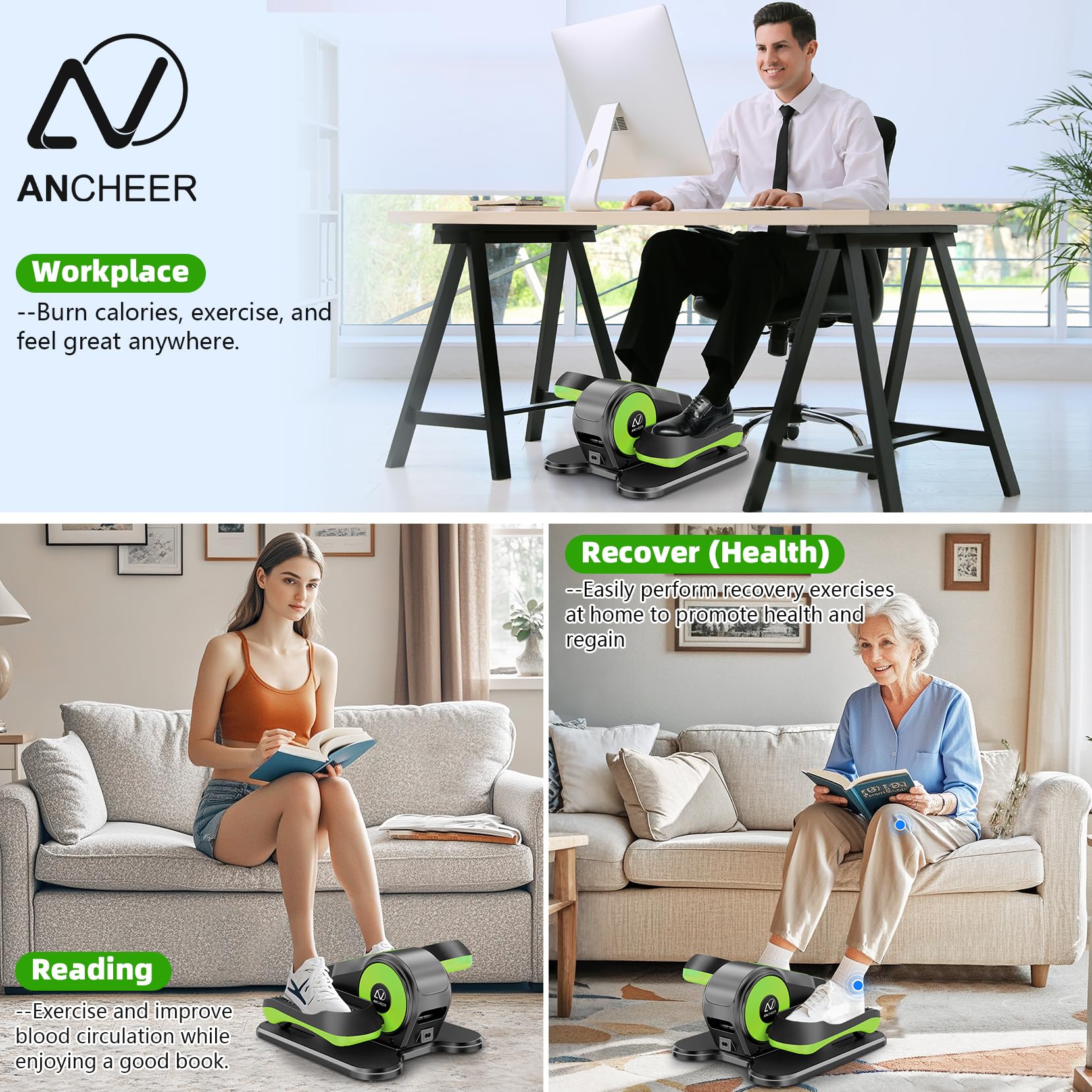 ANCHEER Under Desk Elliptical Machine - 12-Speed Adjustable Quiet Portable Leg Exerciser for Seniors & Office Workers with Remote Control - Perfect for Home Office, Physical Therapy & Low-Impact Workouts