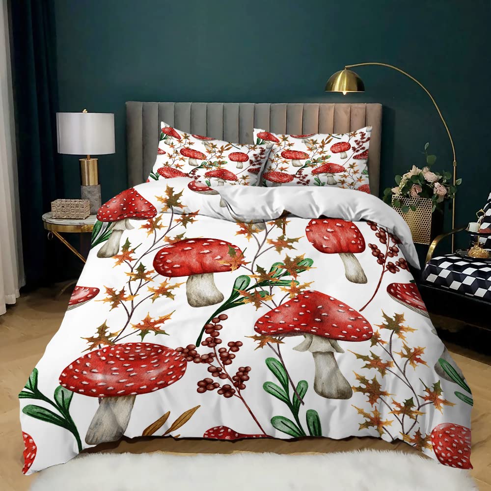 Mushroom Duvet Cover Set for Kids - Queen Size 3-Piece Bedding with Cartoon Plants Print, Perfect for Nursery & Kids' Room Decor