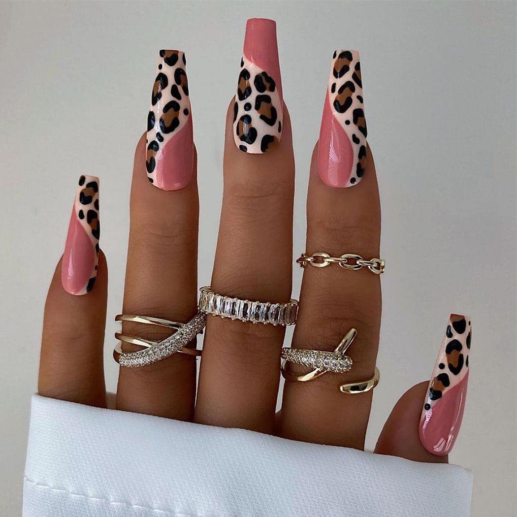 Extra Long Coffin Press on Nails - Glossy Pink Leopard Fake Nails with Ballerina Design - 24Pcs Full Cover Artificial Nails for Women & Girls - Perfect for Parties, Weddings, and Special Occasions