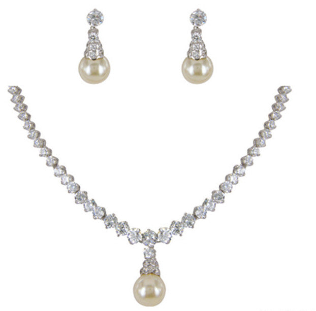 Elegant Gloria Cubic Zirconia & Pearl Bridal Jewelry Set - Necklace & Earrings for Wedding, Engagement & Special Occasions