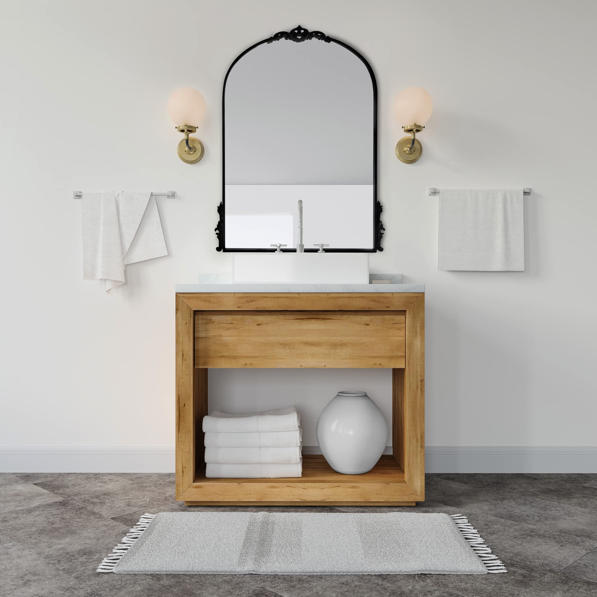 Black Arched Wall Mirror with Ornate MDF Back - Elegant Home Decor for Vanity, Living Room & Events | Perfect for Bedroom, Entryway & Wedding Decorations