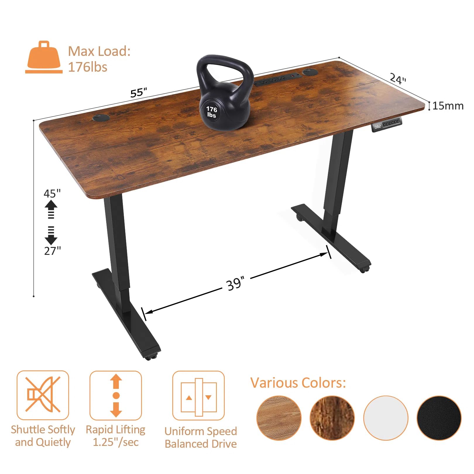 Adjustable Height Electric Standing Desk 55 x 24 Inches - Sit Stand Home Office Desk with USB Ports, Power Outlets & Memory Preset - Ergonomic Computer Workstation for Home Office, Gaming & Study (Brown)