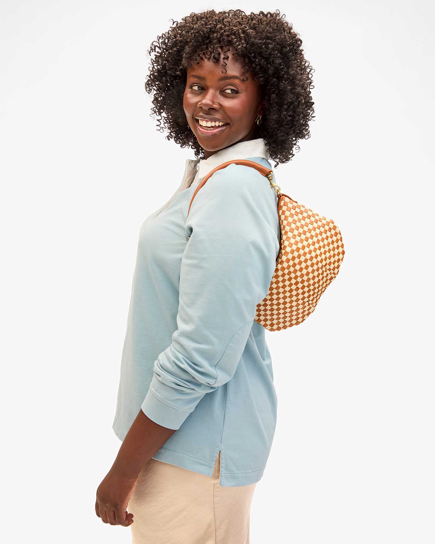 Petit Moyen Messenger Bag in Natural Cream Woven Checker Pattern - Stylish Crossbody Purse for Women, Perfect for Work, Travel & Everyday Use