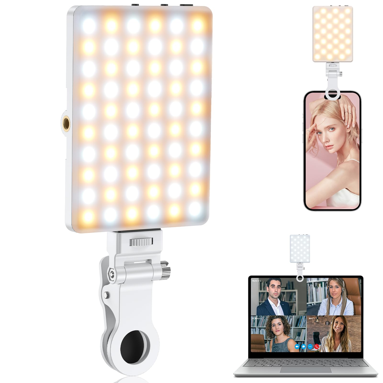 TONEOF Portable Selfie Light with 60 LED, Rechargeable Clip-On Phone Light with 2500K-9000K Dimmable Color Temperature - Compatible with iPhone, Android, Laptop, Tablet for Selfies, Video Calls & Content Creation (White) - Perfect for YouTube, TikTok, Zoom Meetings & Low-Light Photography