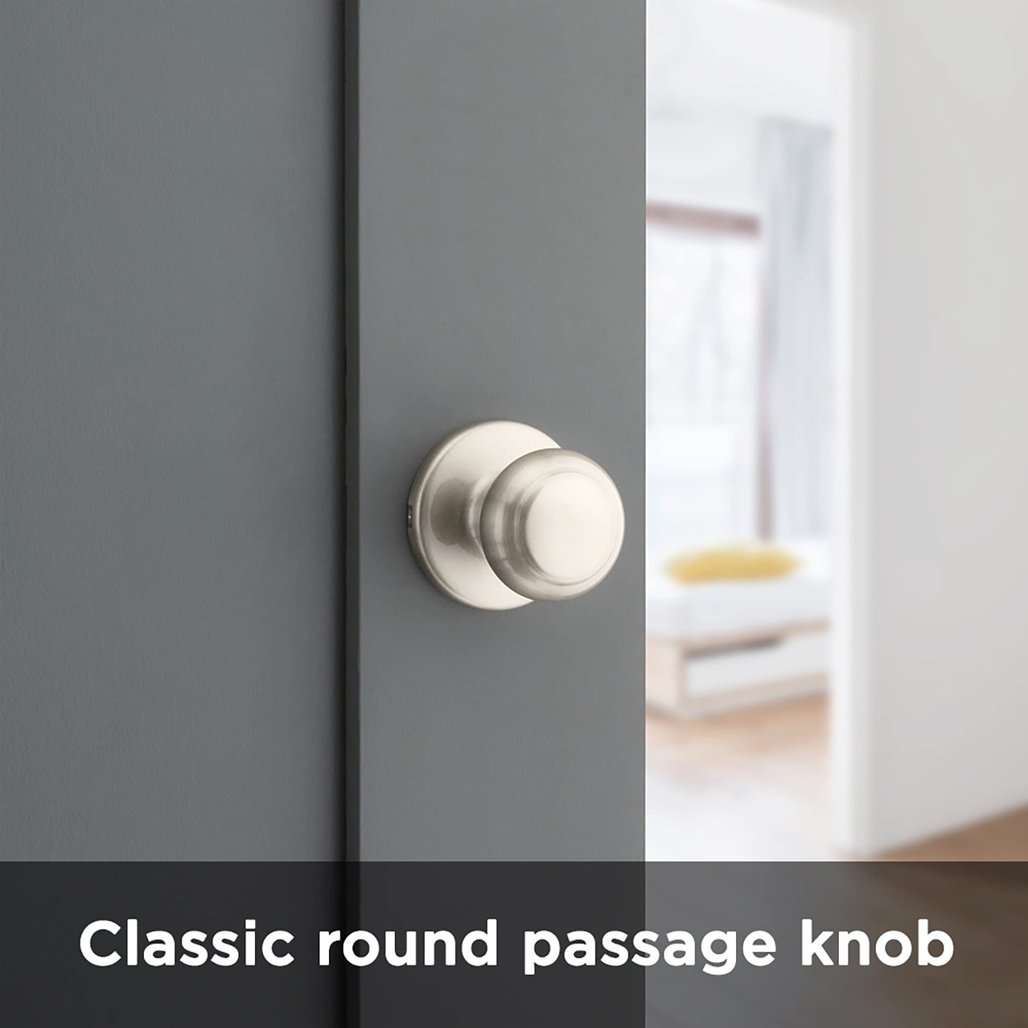 Kwikset Cove Satin Nickel Interior Door Knob - Non-Locking Passage Door Handle for Closet, Hallway & Bedroom - Microban Antimicrobial Protection - Ideal for Homes, Offices & Apartments
