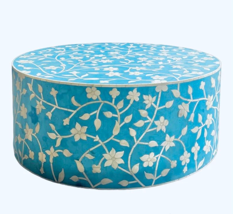 Handmade Indian Bone Inlay Round Coffee Table with Floral Pattern - Boho Chic Living Room Furniture for Home Decor