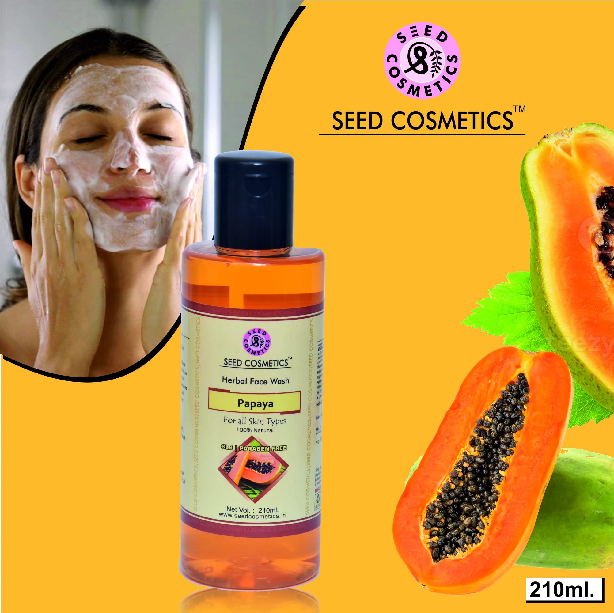 Seed Cosmetics Papaya Face Wash 210g - Brightening & Glowing Skin Formula, Dark Spot & Pigmentation Remover - SLS & Paraben Free - Pack of 1 - Perfect for Daily Skincare Routine & Acne-Prone Skin
