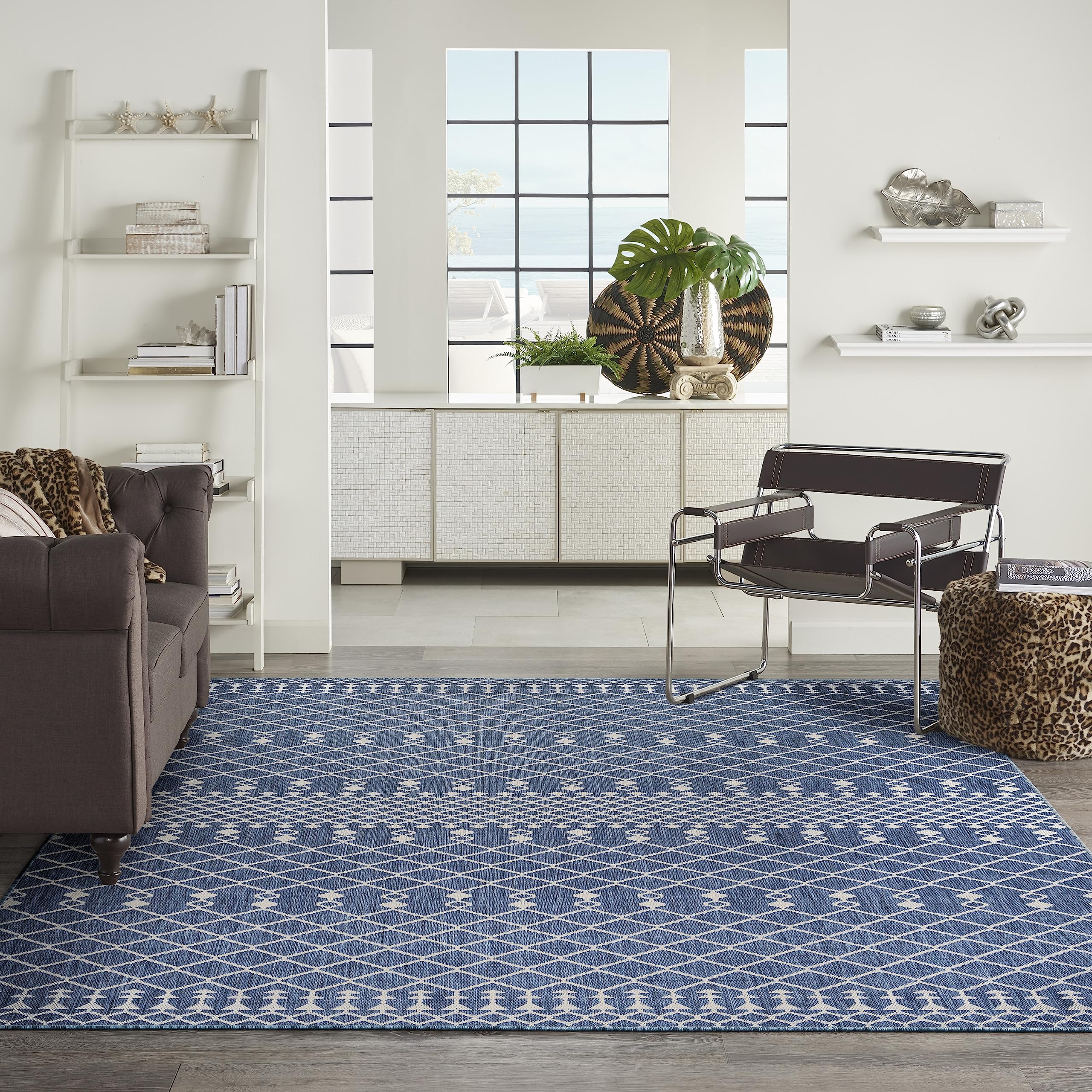 Nourison Positano 8' x 10' Navy Blue Indoor Outdoor Area Rug - Easy Clean, Non-Shedding, Stain Resistant - Perfect for Bedroom, Living Room, Dining Room, Backyard, Deck & Patio Decor