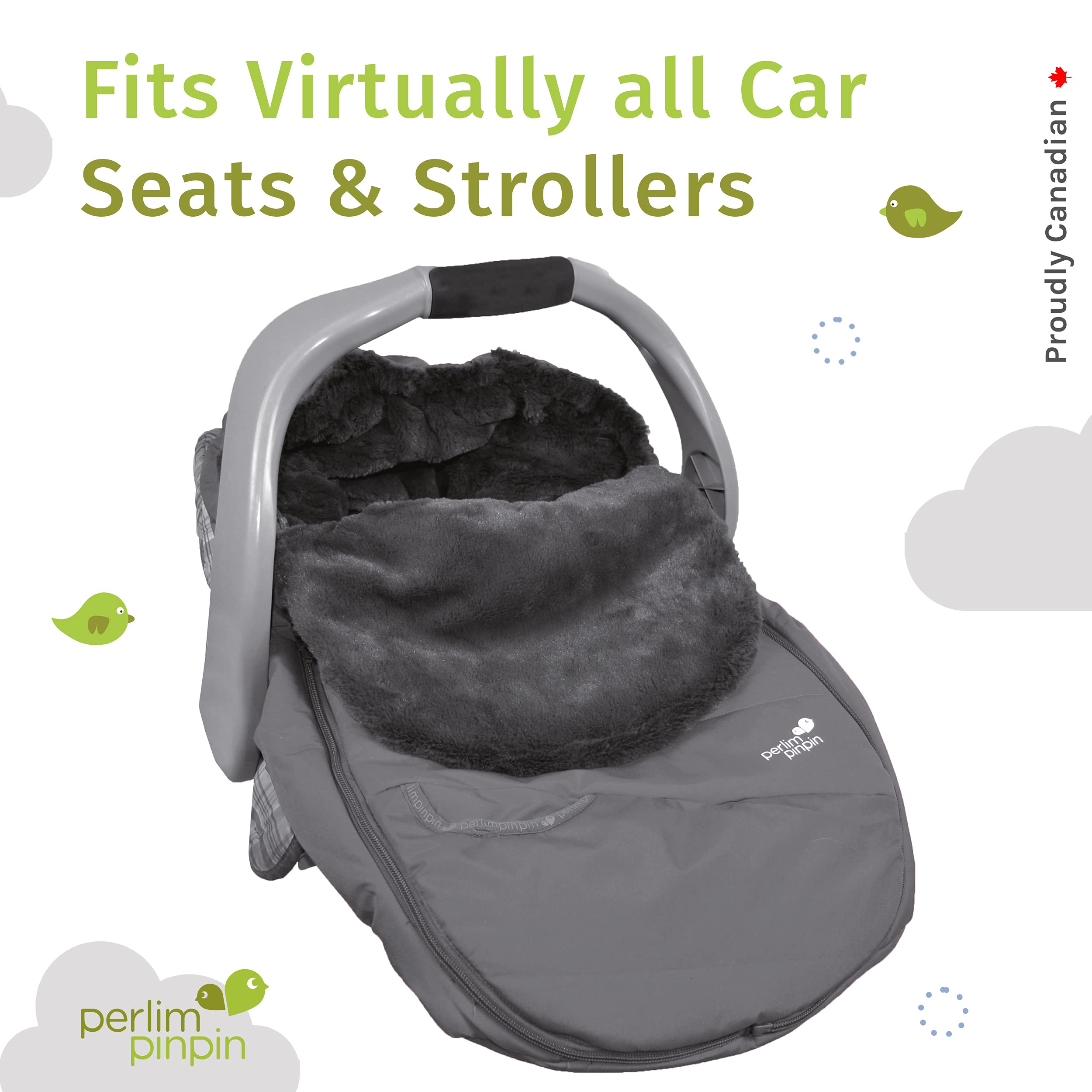 Perlimpinpin Baby Car Seat Cover - Soft Grey Winter Outerwear for Infants & Toddlers - Warm & Cozy Protection for Strollers, Shopping Carts & Car Seats