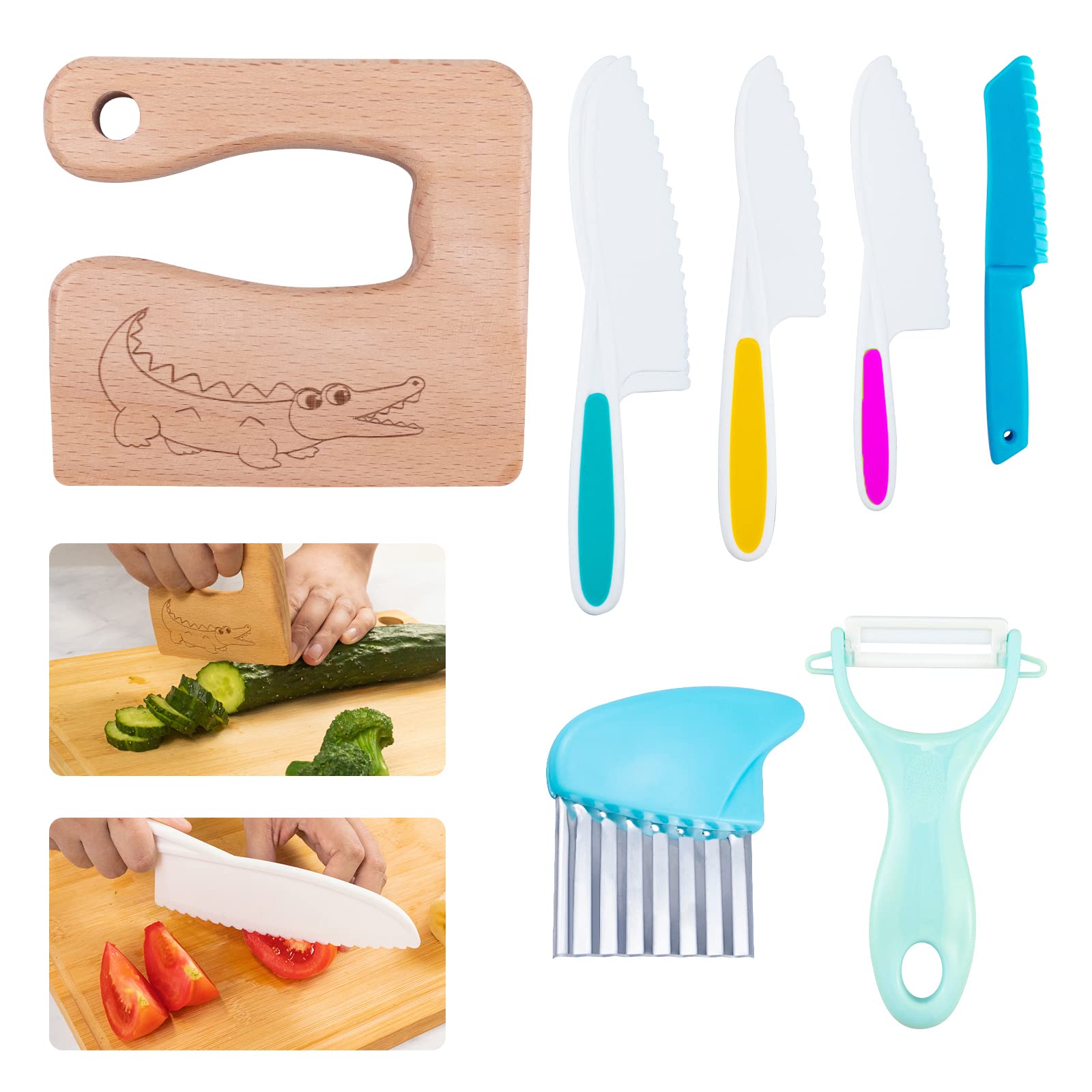 7-Piece Wooden Kids Kitchen Knife Set - Safe Toddler Cooking Utensils with Wooden Knives, Plastic Potato Slicer, Peeler & Nylon Serrated Edges | Perfect for Children's Cooking Activities & Pretend Play (Crocodile Design)