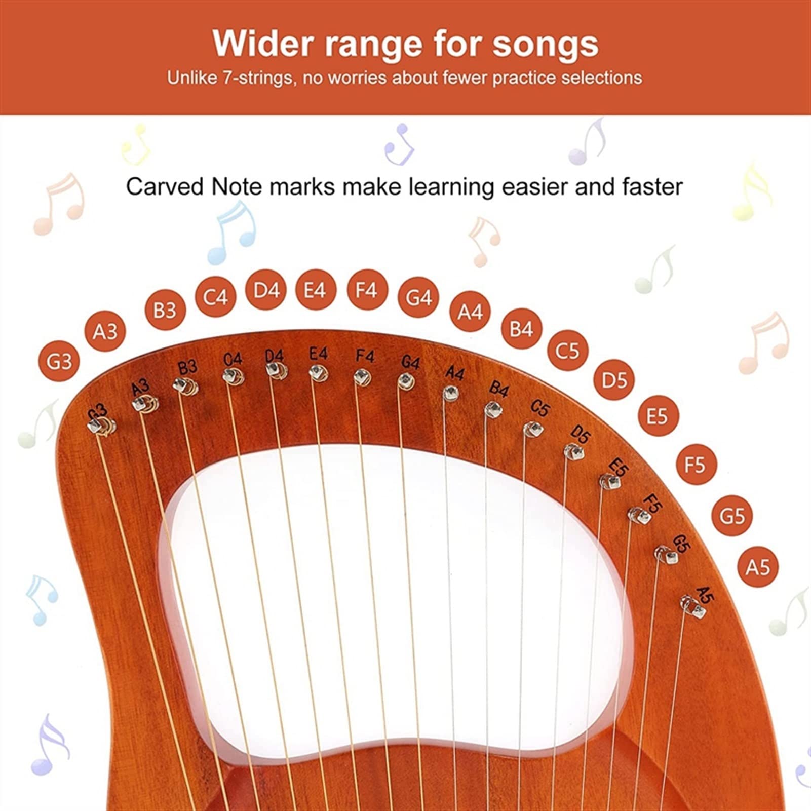 16-String Mahogany Lyre Harp with Tuning Wrench - Perfect Mini Harp for Kids & Adult Beginners - Ideal for Music Therapy, Meditation, and Home Decor