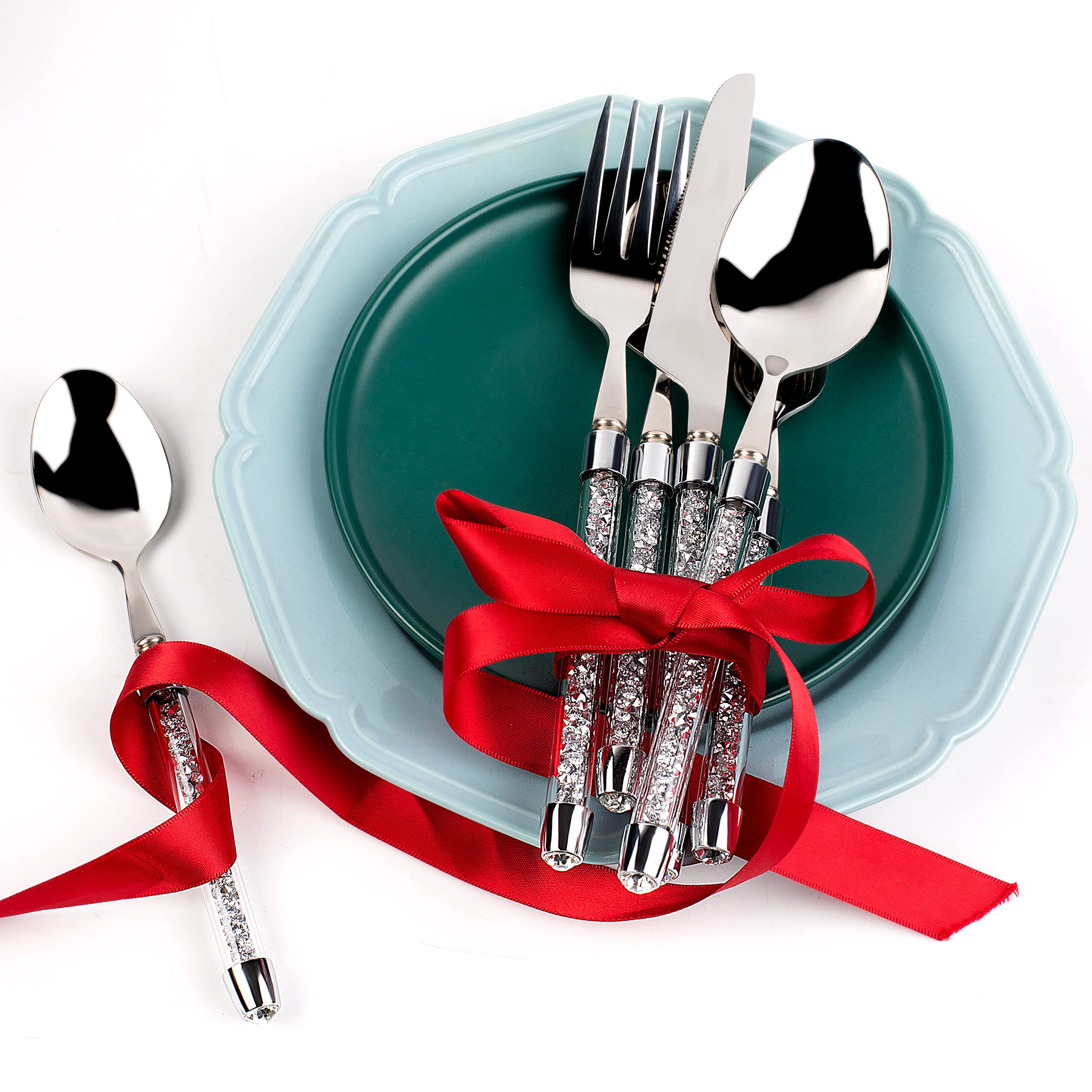 SHYFOY 20-Piece Bling Silverware Set - 18/8 Stainless Steel Flatware Cutlery with Crystal Glass Handles, Mirror Polished & Dishwasher Safe - Elegant Dinnerware for Home, Restaurant, Wedding & Party (Perfect for Formal Dining, Holiday Gatherings & Special Occasions)