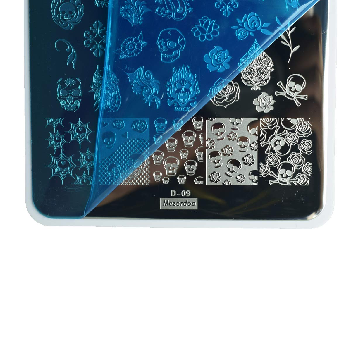 Mezerdoo 2-Piece Nail Stamping Plates Set - 9.5x14.5cm Geometric Skull Design for Nail Art, Manicure Stamping Templates with Stripe, Dot & Love Patterns - Perfect for Halloween, Gothic & Creative Nail Designs