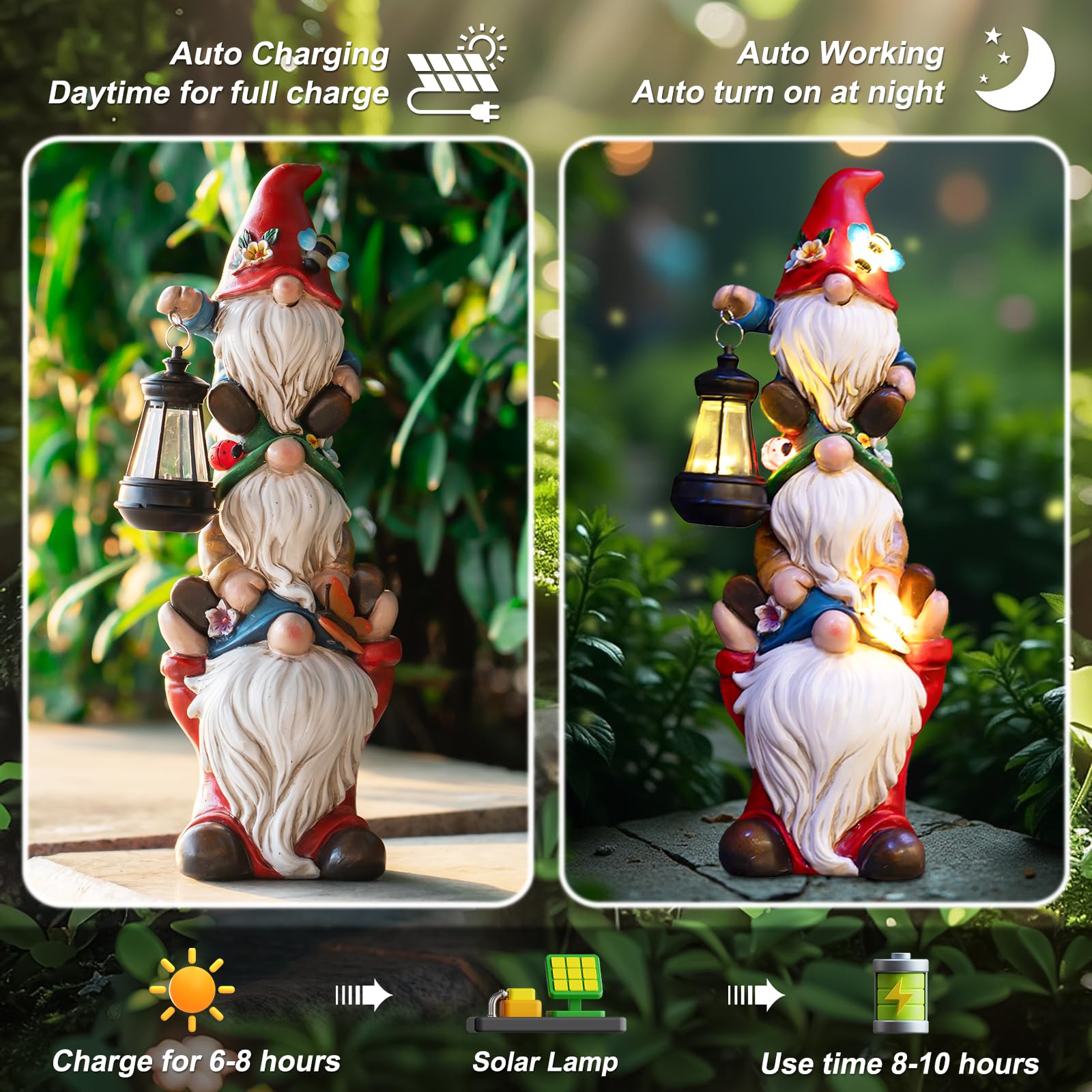 Solar-Powered Large Garden Gnome Statue - Funny Triple Gnome Outdoor Decor for Patio, Lawn, Yard & Balcony - 12 Inch Spring Gnomes Home Gift for Women & Mom - Perfect for Garden Parties & Outdoor Lighting