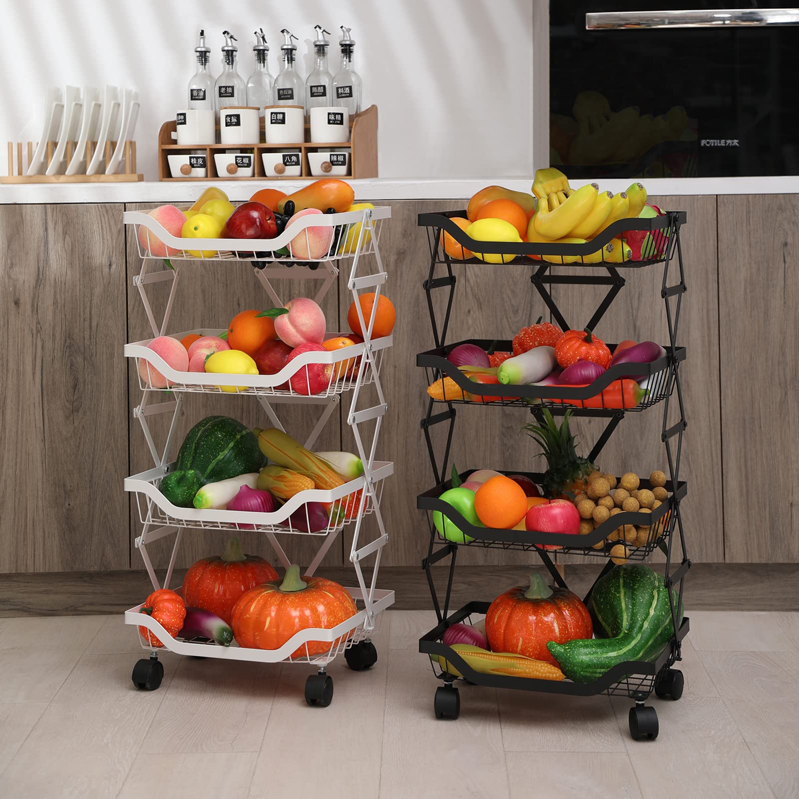 BRIAN & DANY 4-Tier Kitchen Storage Rack for Fruits and Vegetables - Space Saving Organizer Basket for Fresh Produce, Pantry, Countertop - Black (Perfect for Small Kitchens & Refrigerator Organization)
