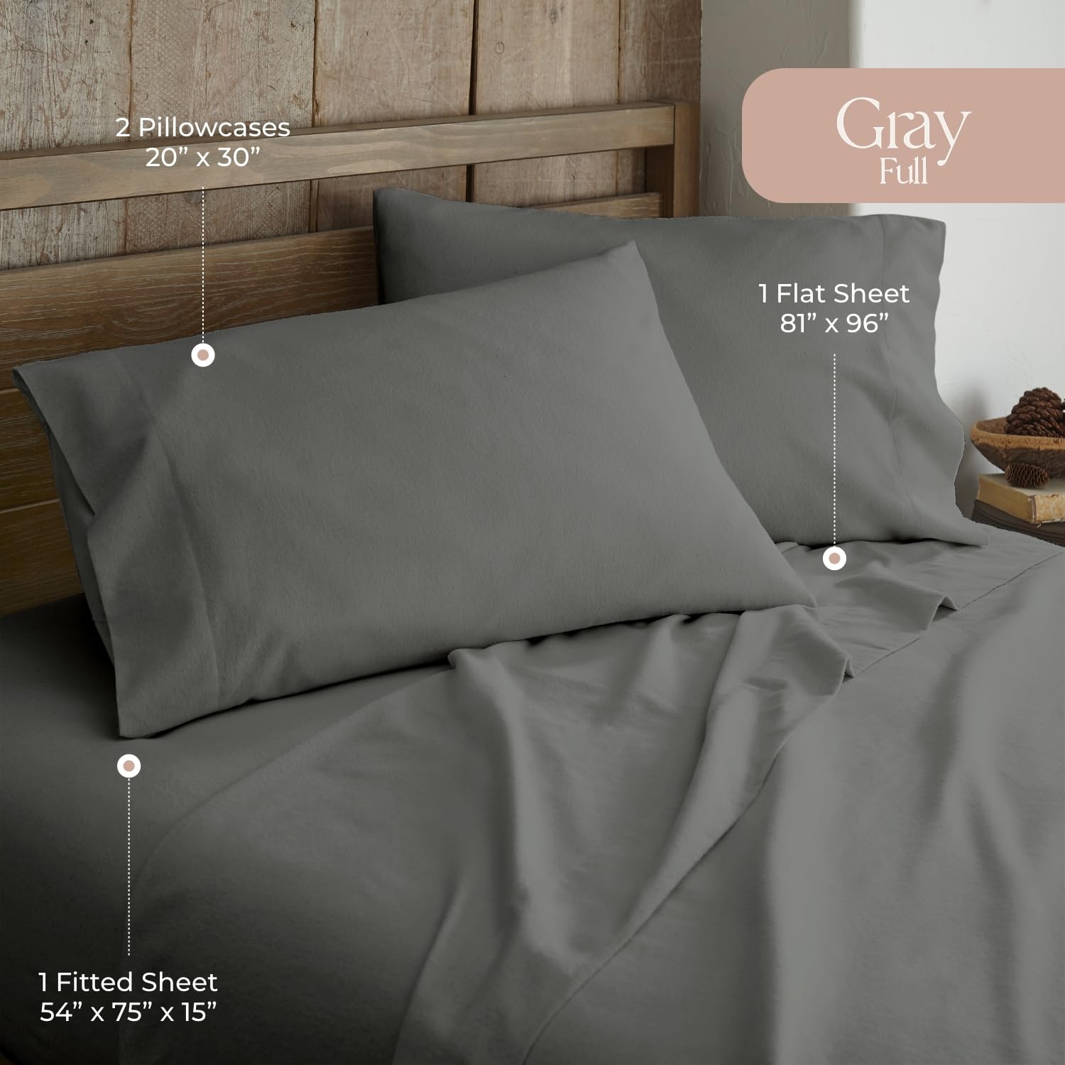 100% Organic Flannel Sheets Full Size - GOTS Certified 100% Cotton Soft Brushed Bedding Set with Deep Pockets (1 Flat Sheet, 1 Fitted Sheet & 2 Pillowcases) - Dark Gray - Perfect for Cozy Winter Nights & Cold Weather Comfort