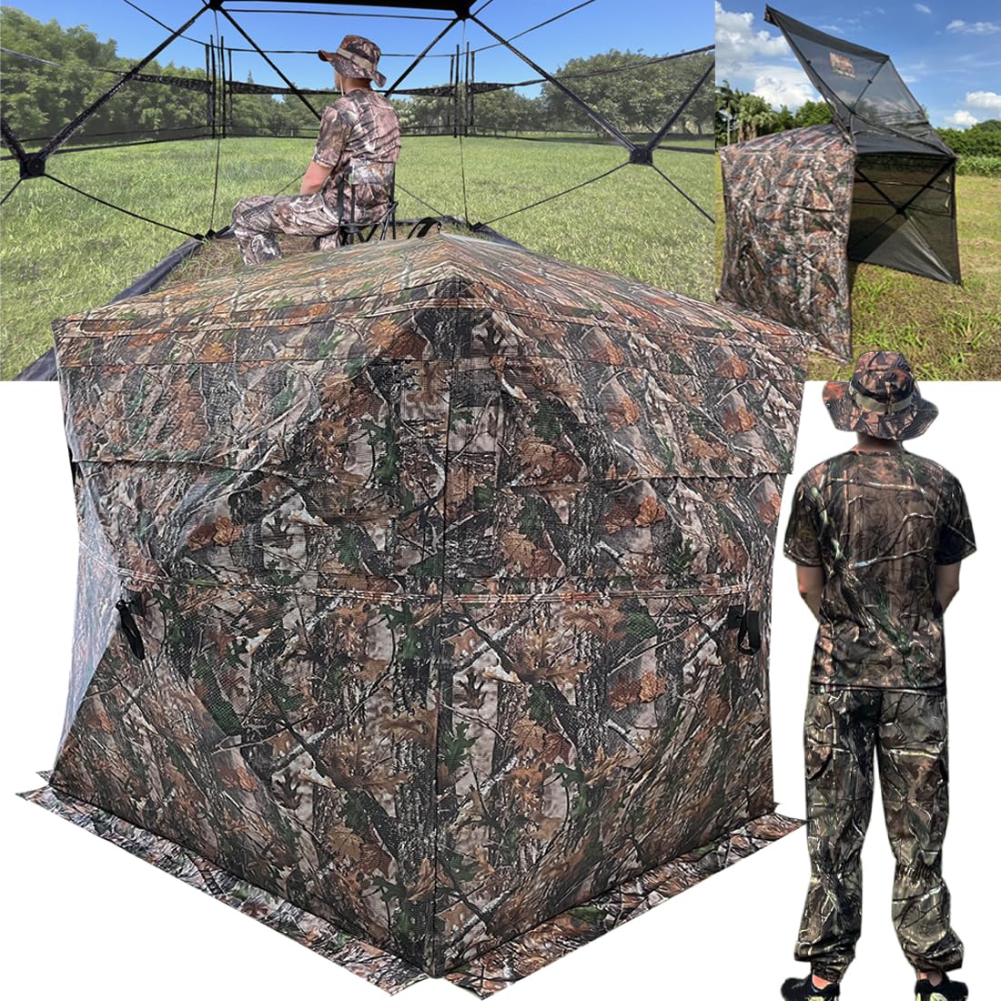 360 Degree See Through Hunting Blind for Turkey & Deer - 2/3/4 Person Pop Up Ground Blind with Camouflage Design | Perfect for Bow Hunting, Wildlife Observation & Outdoor Adventures