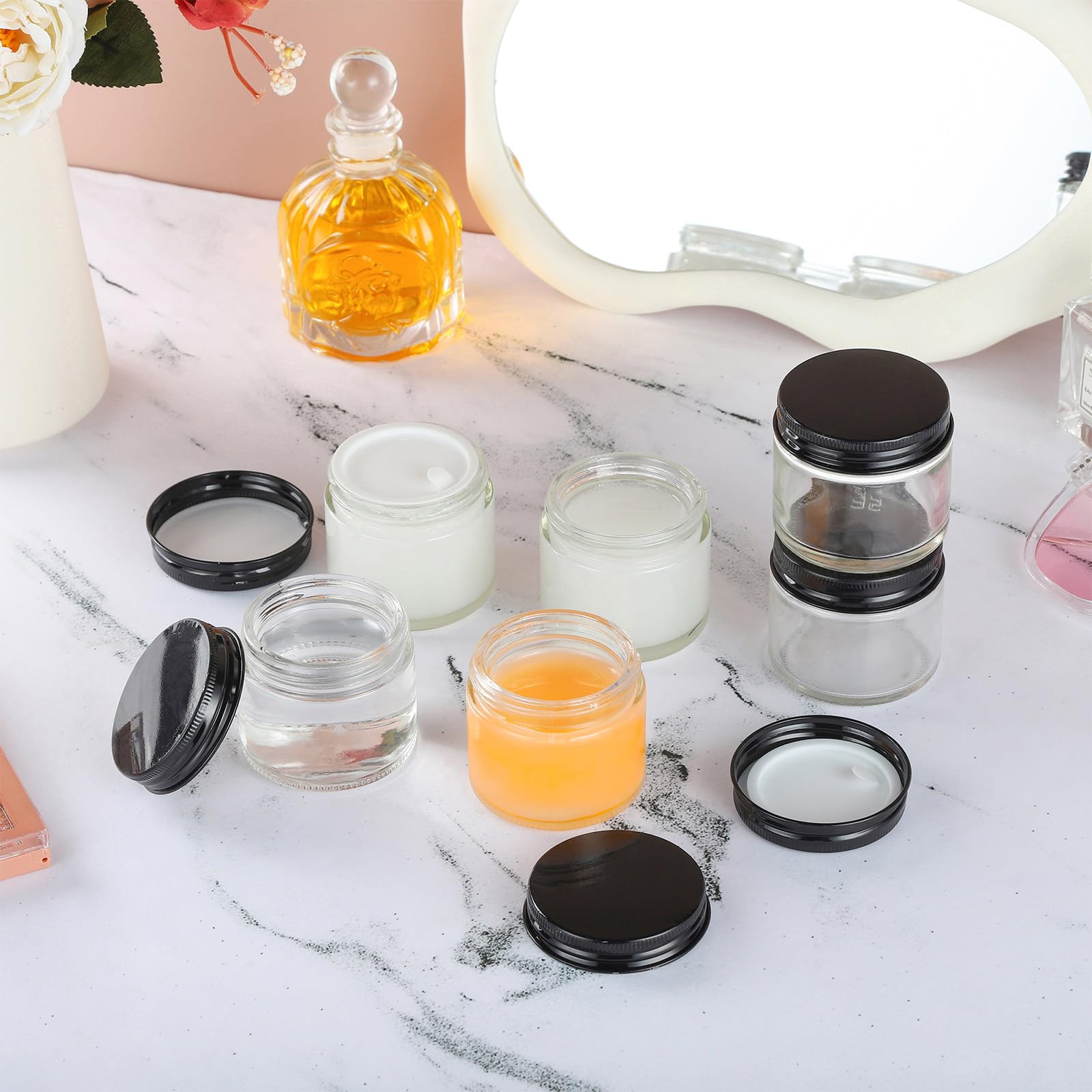 24 Pack 2oz Clear Glass Jars with Black Metal Lids - Small Empty Cosmetic Containers with Inner Liners - Travel-Sized Lotion Jars with Labels - Perfect for DIY Beauty Products, Travel Toiletries & Home Organization