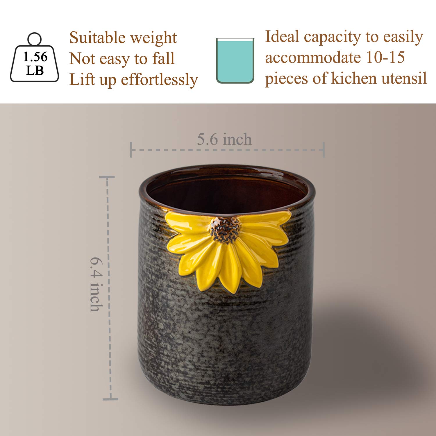 Ceramic Utensil Holder for Kitchen Countertop - Large Sunflower Decor Cooking Utensil Crock | Perfect for Organizing Spoons, Spatulas & Kitchen Tools on Counter or Stovetop