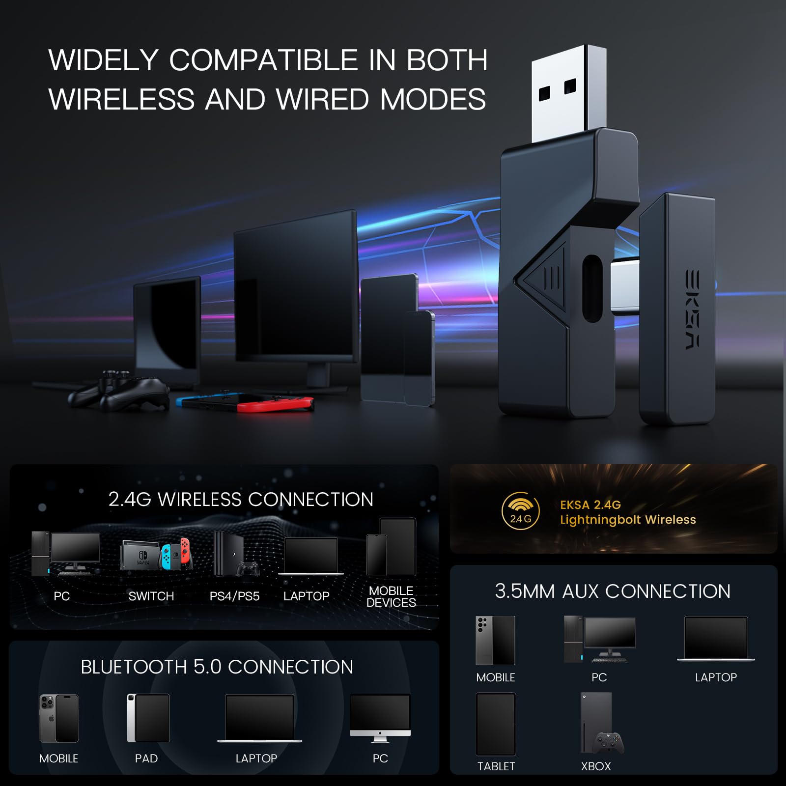 EKSA Wireless Gaming Headset with Microphone - 7.1 Surround Sound, 20ms Ultra-Low Latency, 50Hr Battery for PC, PS4, PS5, Laptop - Perfect for Competitive Gaming & Long Streaming Sessions