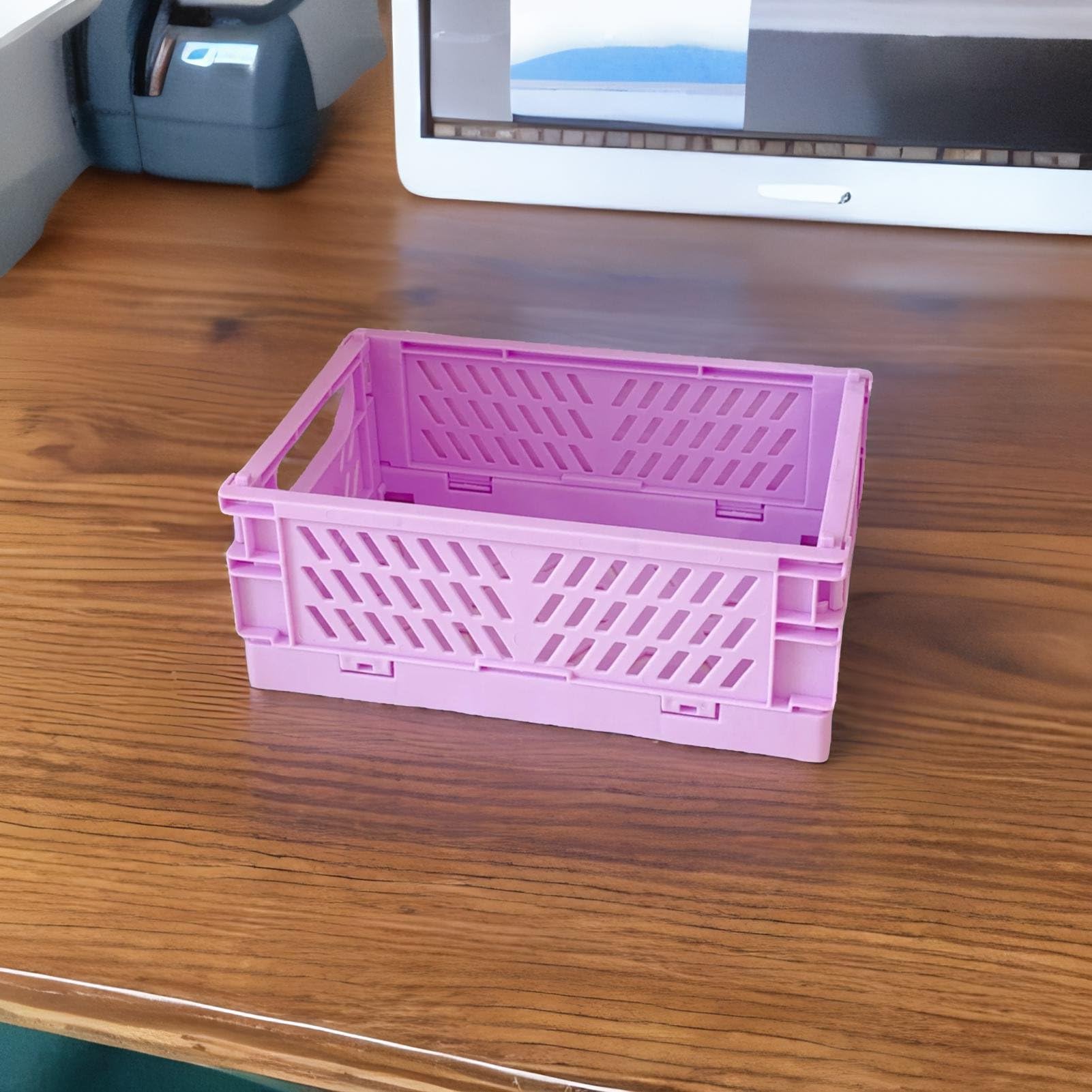 Foldable Plastic Storage Bin with Handle - Stackable for Stationery, Snacks & Cosmetics (Purple)