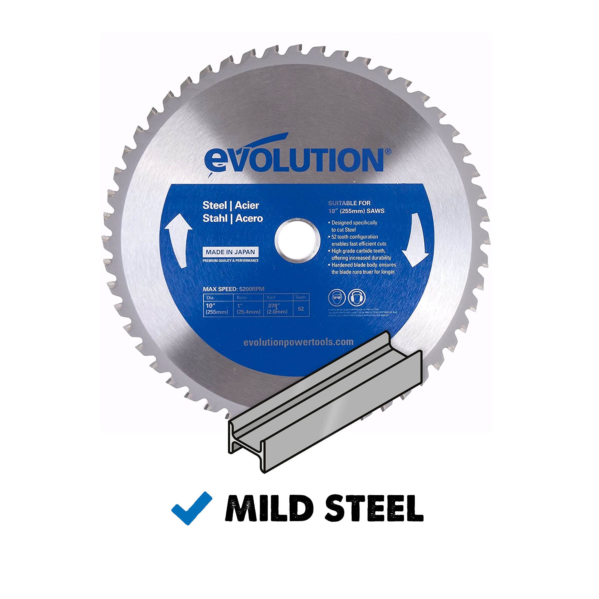 Evolution Power Tools 10-Inch TCT Saw Blade - Professional 52-Tooth Blade for Cutting Mild Steel & Ferrous Metal (1-Inch Arbor) - Perfect for Table Saw Accessories & Woodworking Projects - One Per Pack