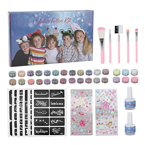 Glitter Temporary Tattoo Kit for Adults & Kids - Face & Body Stencil Makeup Set with Cosmetic Pigment Powder | Perfect for Halloween, Cosplay, Parties & Festivals