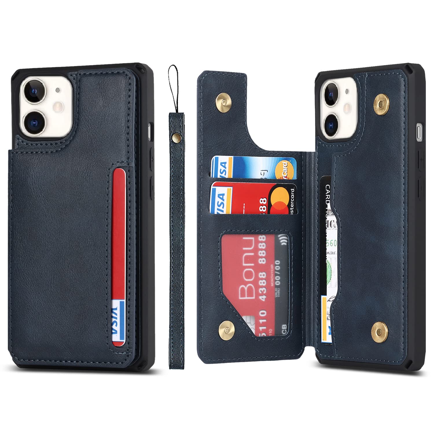 Premium PU Leather iPhone 11 Wallet Case with Card Slots & Kickstand - Magnetic Clasp, Shockproof Flip Cover with Wrist Strap (Blue) - Perfect for Daily Commute, Travel & Hands-Free Convenience