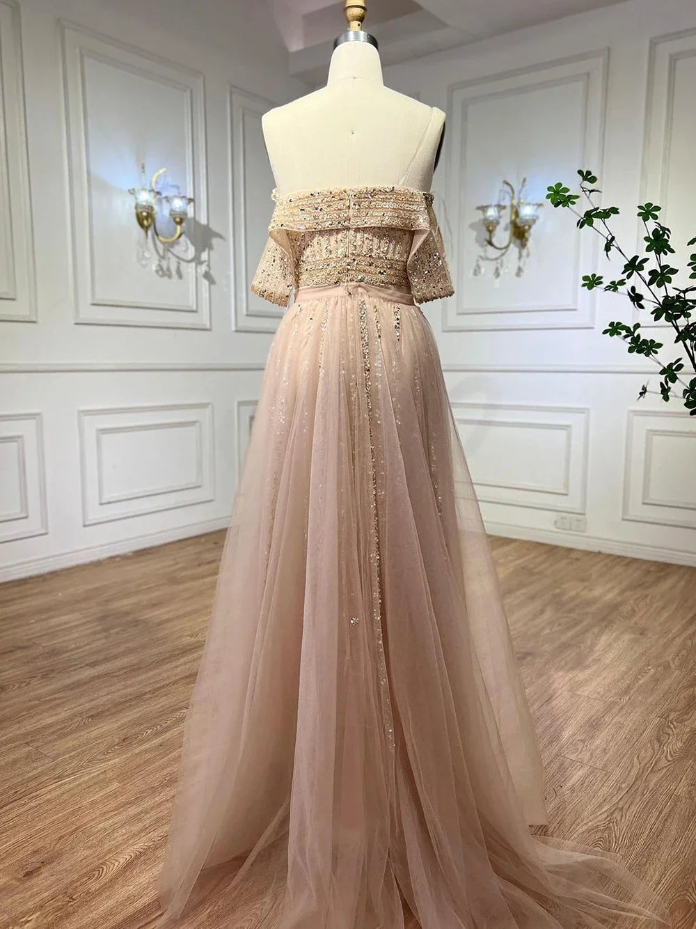 Elegant Nude Mermaid Evening Dress with Overskirt & Beaded Off-Shoulder Design for Women's Party, Prom & Special Occasions - LA71728