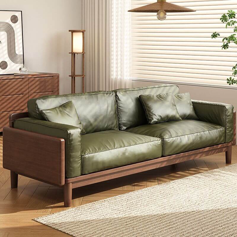 Minimalist Lime Green Scratch-Resistant Sofa & Loveseat with Wood Square Arms, Wide Pillow Back & 3 Throw Pillows - 3/4/5 Seater for Living Room, Lounge & Home Office