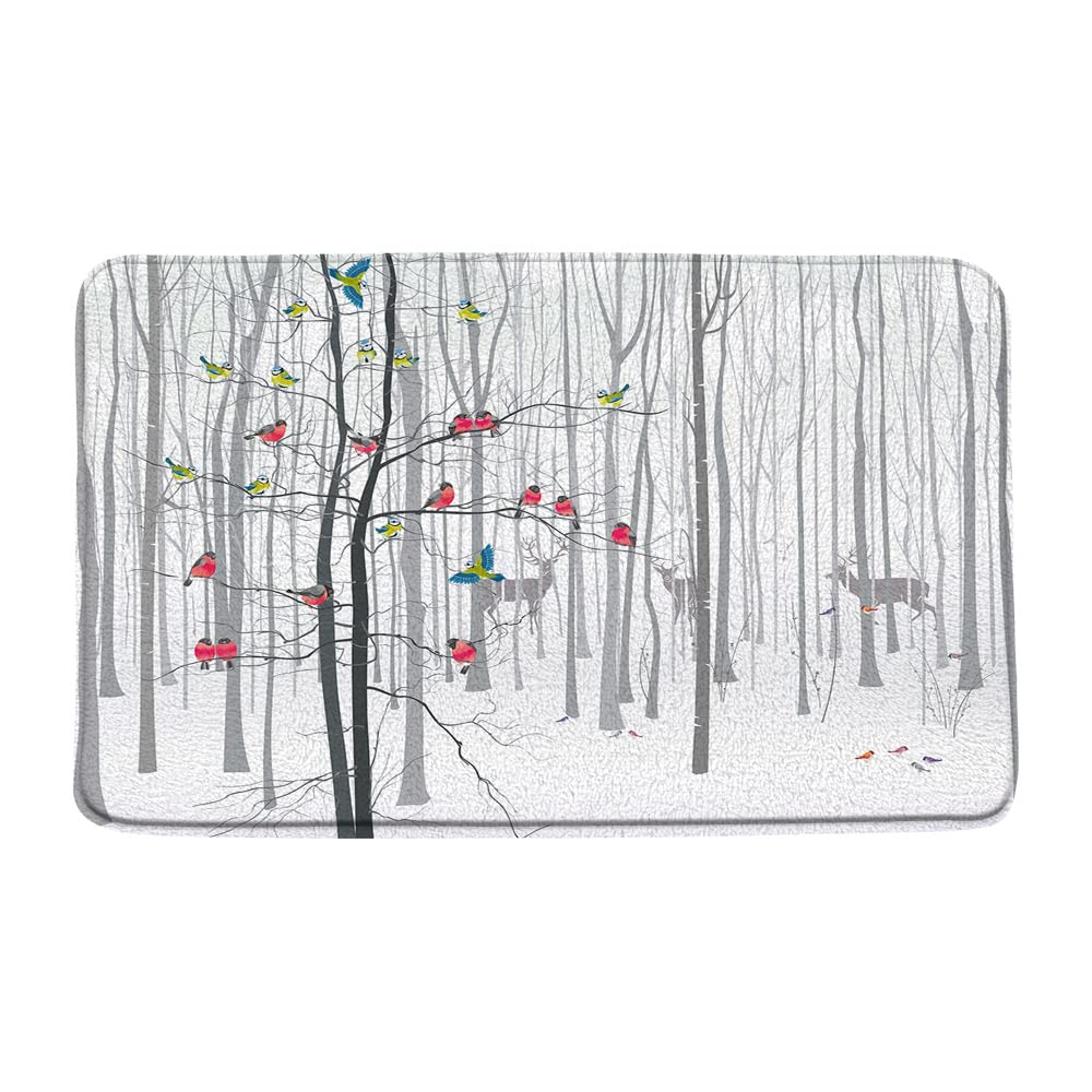 Vintage Forest Deer Bath Mat with Abstract Tree & Cardinals - Rustic Wildlife Design for Cabin, Lodge & Winter Decor - Non-Slip Bathroom Rug for Kitchen & Bath (17.8x29.5 Inch) - Perfect for Cozy Cabins, Farmhouse Bathrooms & Nature-Themed Home Decor