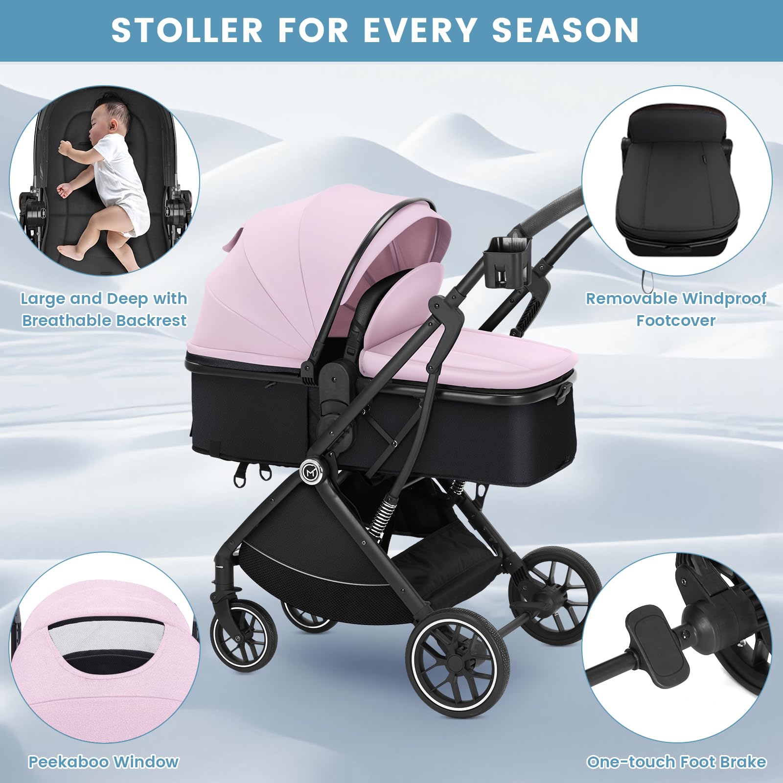 **Pink Baby Stroller Bassinet - 3-in-1 Convertible Travel Stroller for Newborn, Infant & Toddler | Lightweight, Foldable, One-Hand Operation, Reversible Seat & Extra Storage | Perfect for Shopping, Travel & Daily Walks**