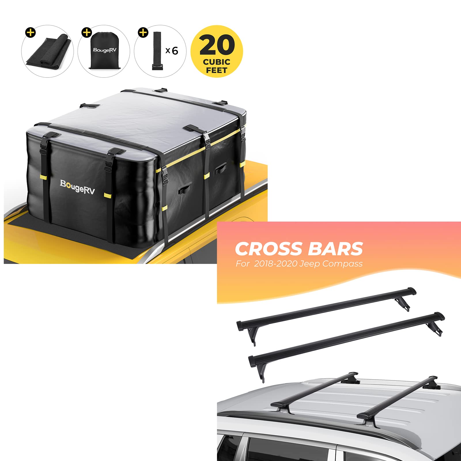 BougeRV Universal Car Roof Rack Cross Bars for 2018-2021 Jeep Compass with Side Rails + 20 Cubic Feet Waterproof Rooftop Cargo Carrier Bag & Protective Mat - Perfect for Camping, Road Trips & Outdoor Adventures