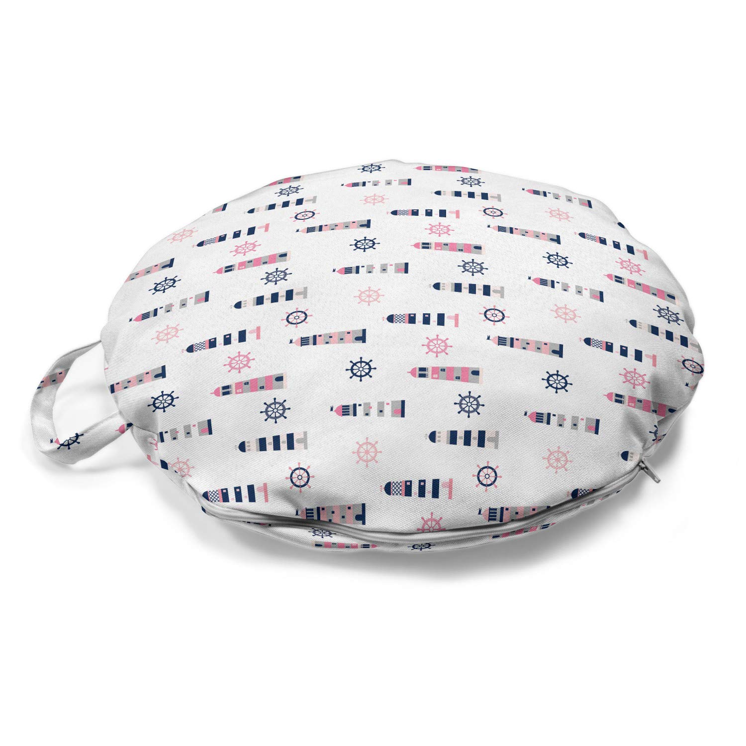 Ambesonne Nautical Round Floor Cushion with Handle - Sea Coast Theme Steering Wheel & Lighthouse Ocean Decor - 18