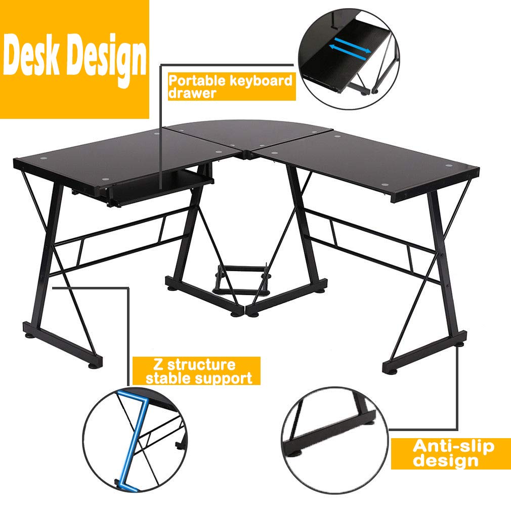 L-Shaped Computer Desk with Drawer - Black Glass Home Office Desk, Scratch-Resistant & Easy to Clean - Perfect for Gaming, Work, and Study Spaces