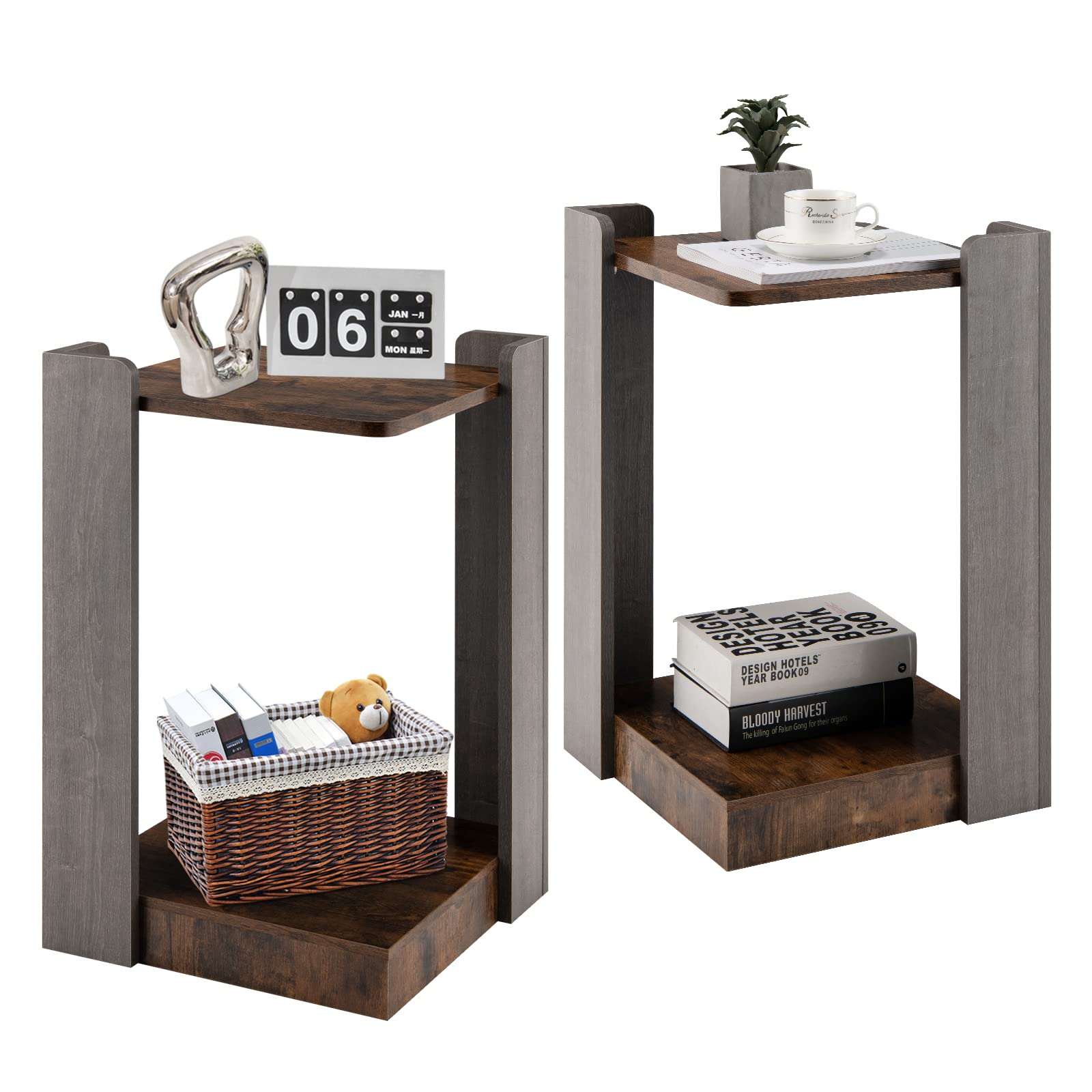Giantex End Table Set of 2 - 2-Tier Square Side Tables with Open Storage Shelf | Space-Saving Nightstand for Bedroom, Rustic Coffee Accent Table for Living Room | Perfect for Small Apartments, Dorms & Cozy Spaces
