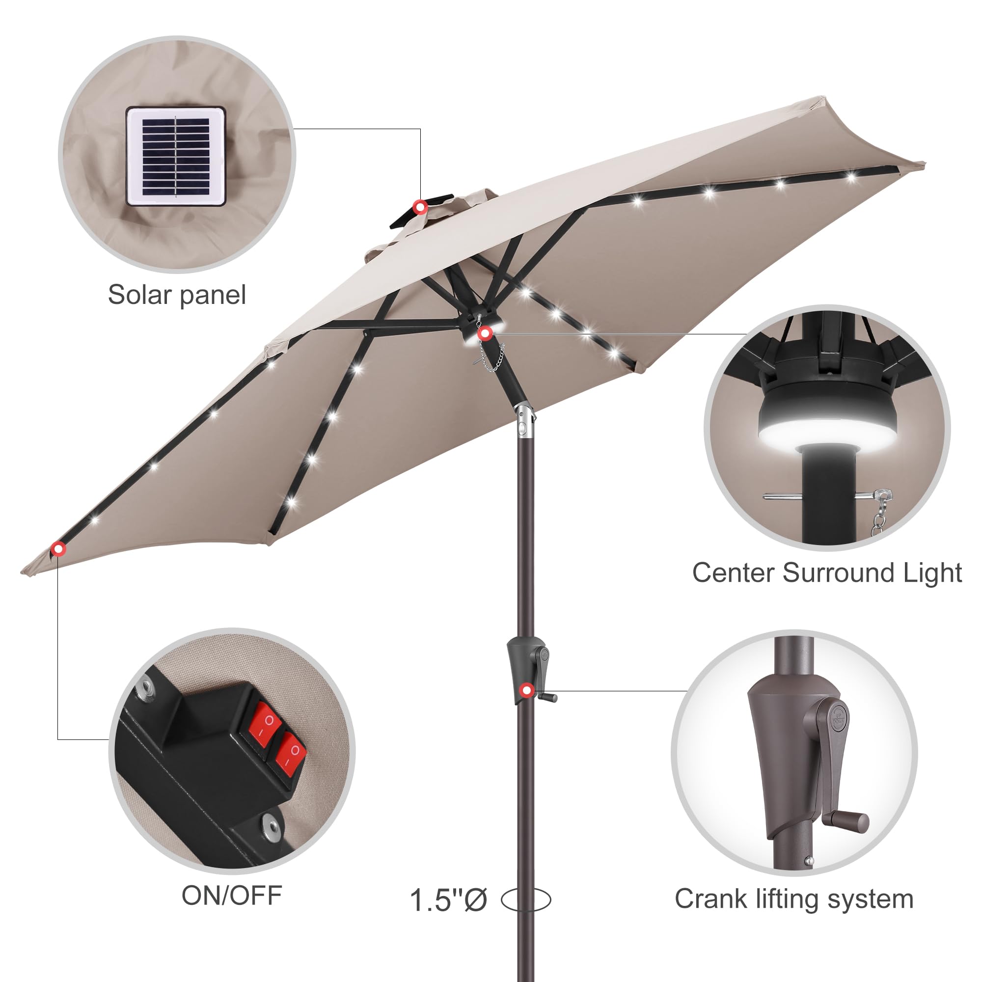 7.5ft Solar Powered LED Patio Umbrella with Tilt & Crank - Waterproof UV Protection Outdoor Table Umbrella for Pool, Garden, Deck, Backyard (Taupe) | Perfect for Summer Evenings, Outdoor Dining & Relaxation