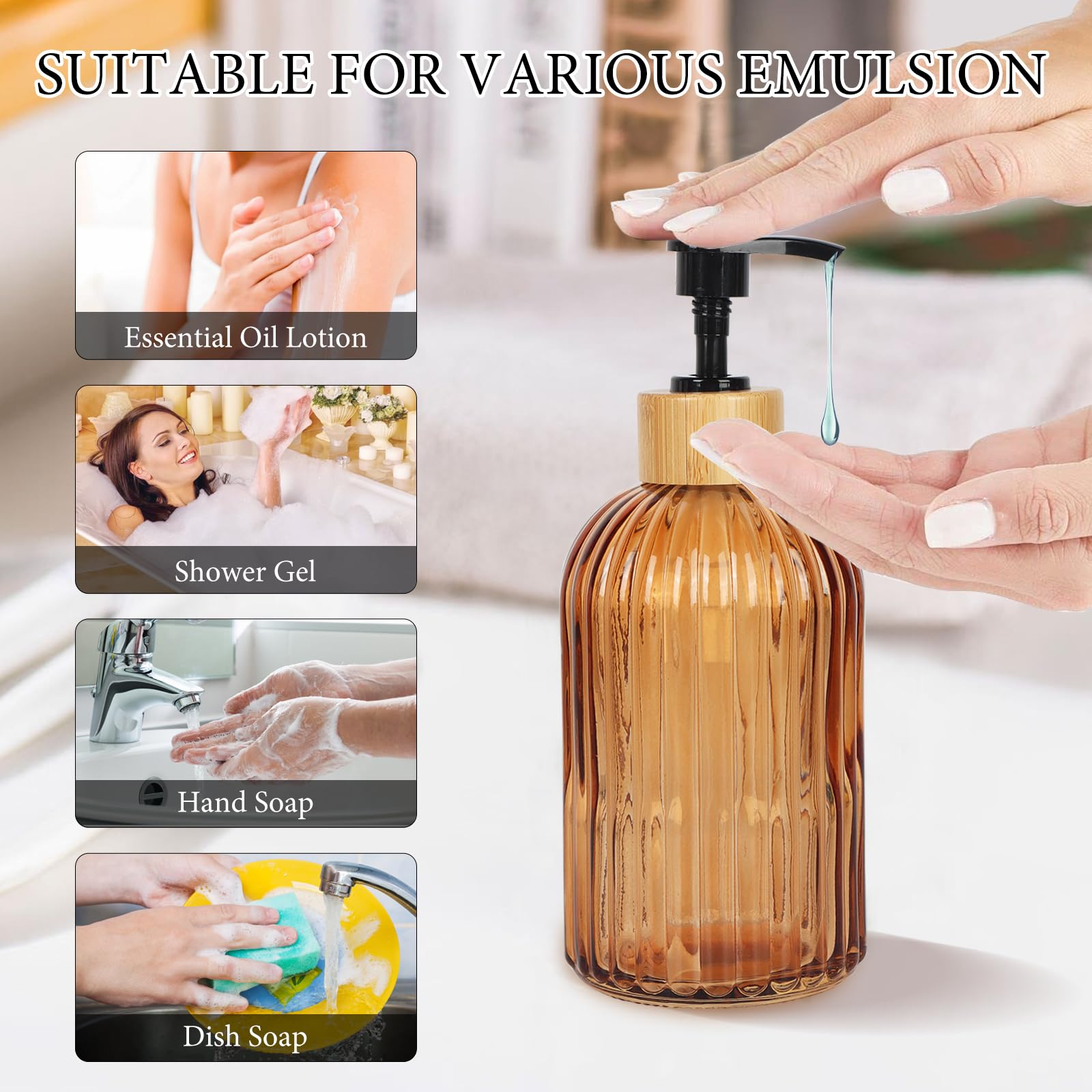 Premium 2-Pack Amber Glass Soap Dispenser with Pump - 13.5 Oz Refillable Lotion Dispenser for Bathroom, Kitchen & Vanity - Eco-Friendly Hand Soap & Dish Soap Dispenser for Home, Office & Spa Use