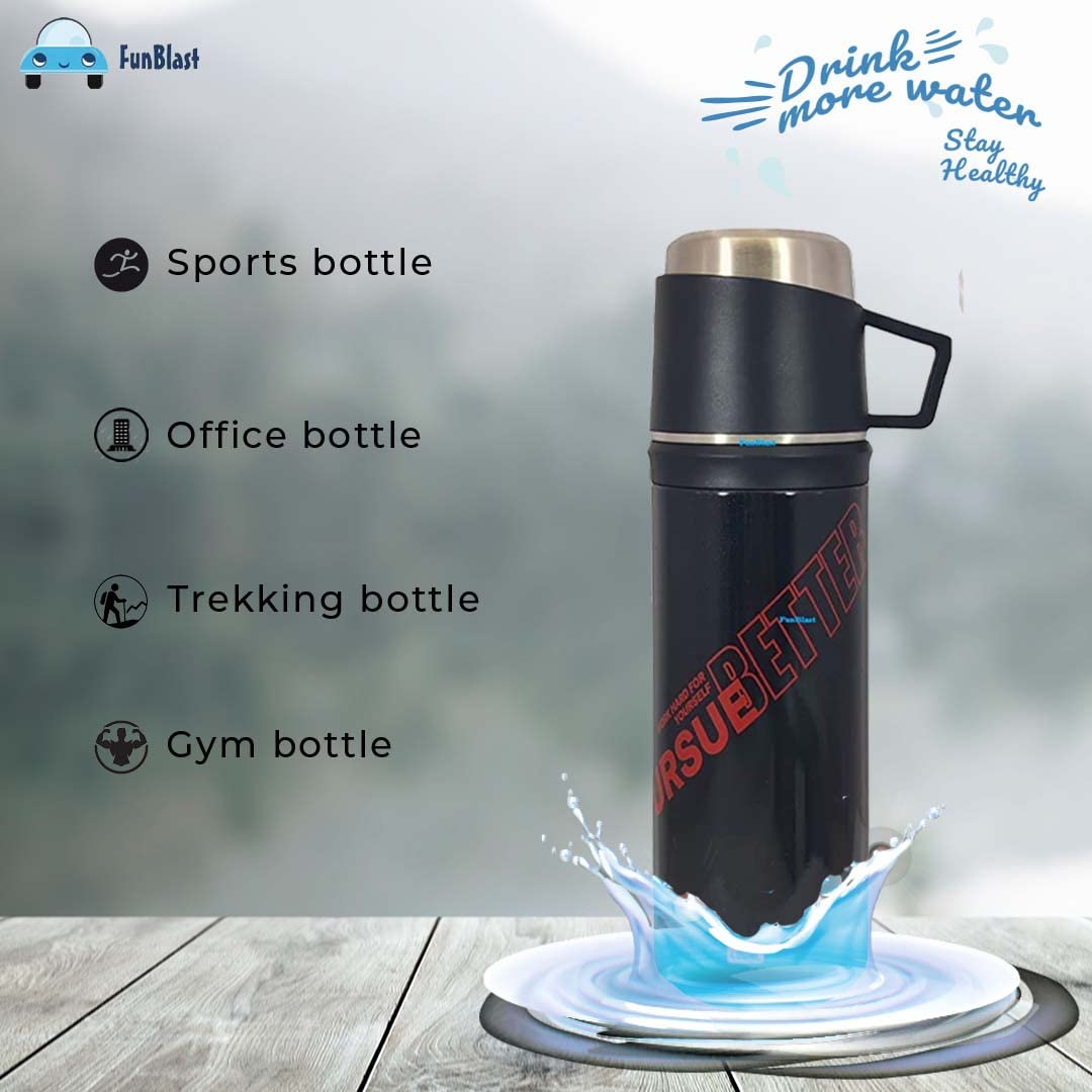 FunBlast 400ml Stainless Steel Vacuum Insulated Water Bottle - Double Wall Thermos for Hot & Cold Drinks, Leakproof Travel Mug with Cup Cap, Perfect for Coffee, Tea, Hiking, Camping & Office Use (Black, 2-Pack)