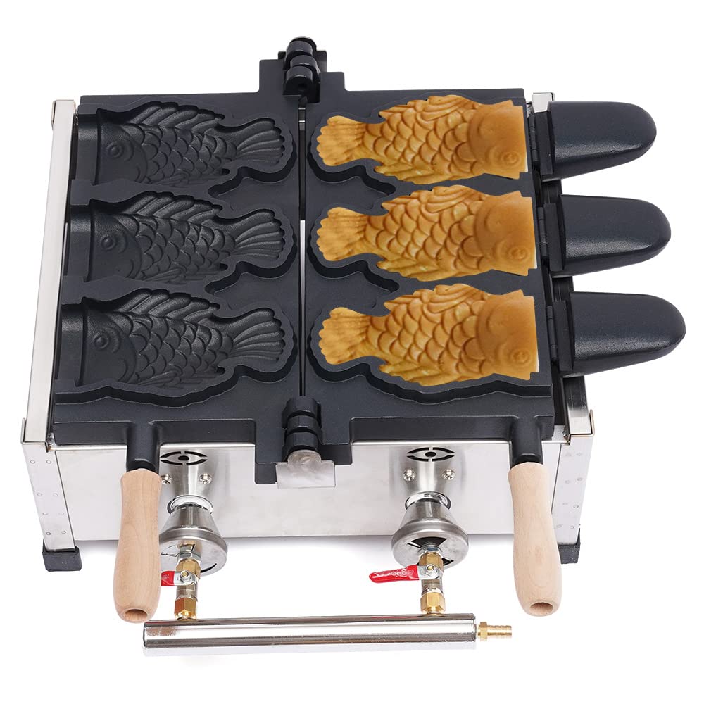 Commercial LPG Gas Japanese Taiyaki Maker Machine - 3 Nonstick Stainless Steel Fish-Shaped Waffle Cone Baker for Ice Cream, Desserts & Street Food - Perfect for Restaurants, Cafes & Home Use