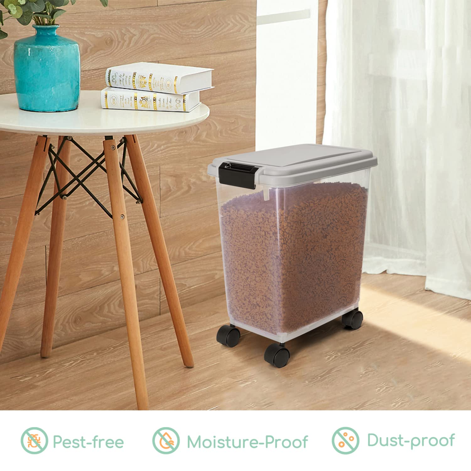Nobleza 20L/7.5KG Airtight Pet Food Storage Container with Wheels & Measuring Scoop - BPA-Free Plastic Bin for Dog, Cat & Animal Dry Food - Large Transparent Seed Dispenser with Flip-Up Lid - Perfect for Home, Kitchen & Pet Storage Organization